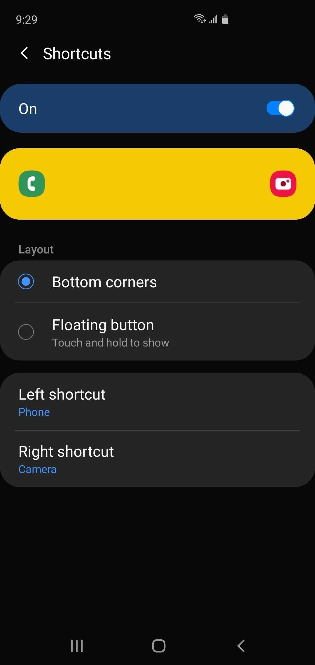 Settings menu with options for enabling features like "Floating button" and "Digital shortcut."