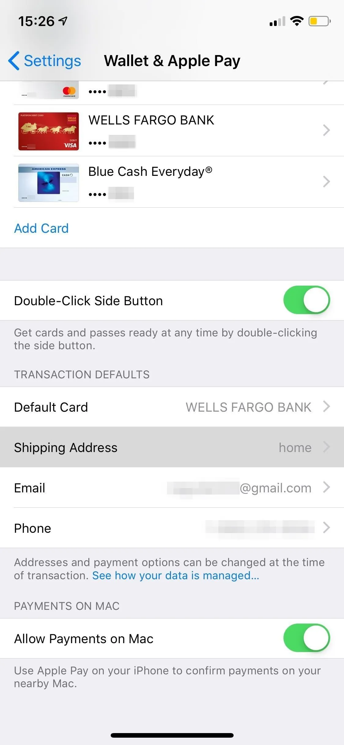 Wallet and Apple Pay settings on a smartphone screen.
