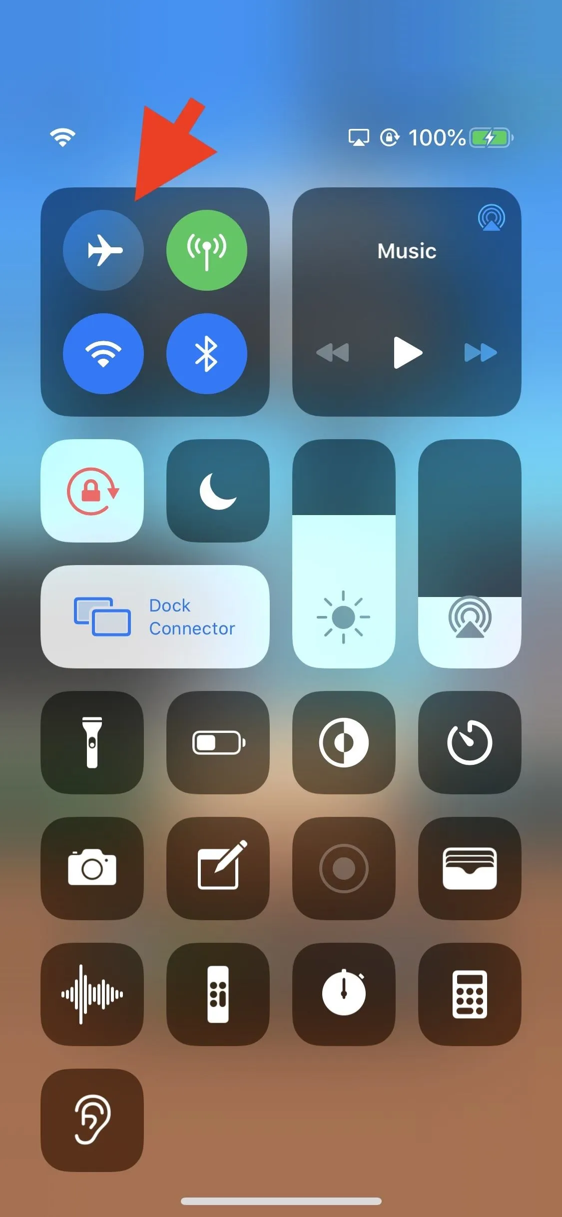 Mobile device control panel displaying connectivity options and settings.