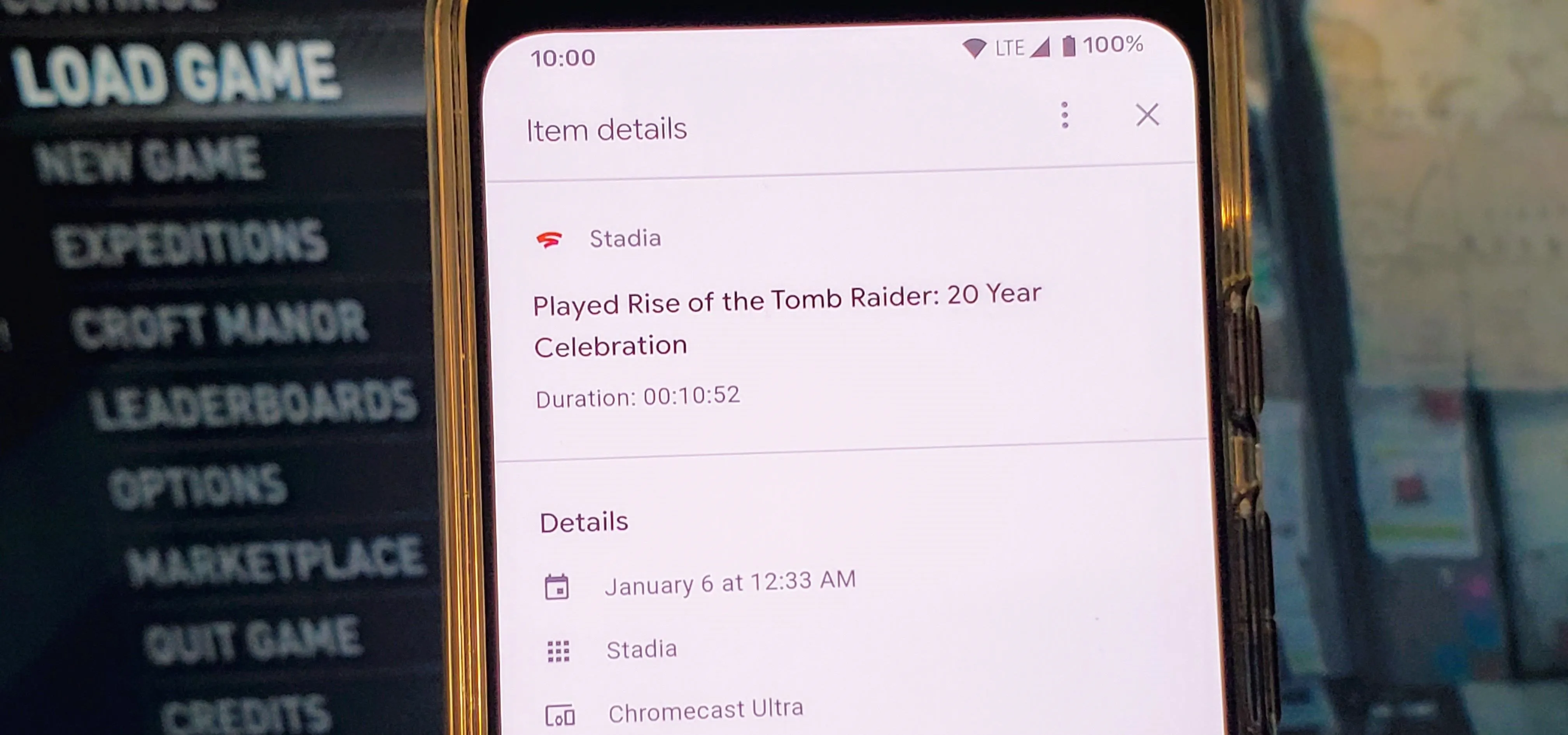 Event details for "Played Rise of the Tomb Raider: 20 Year Celebration" on a mobile device.