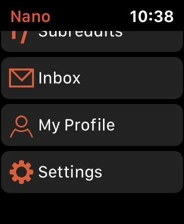 User interface menu for a mobile application showing options like Subreddits, Inbox, My Profile, and Settings.