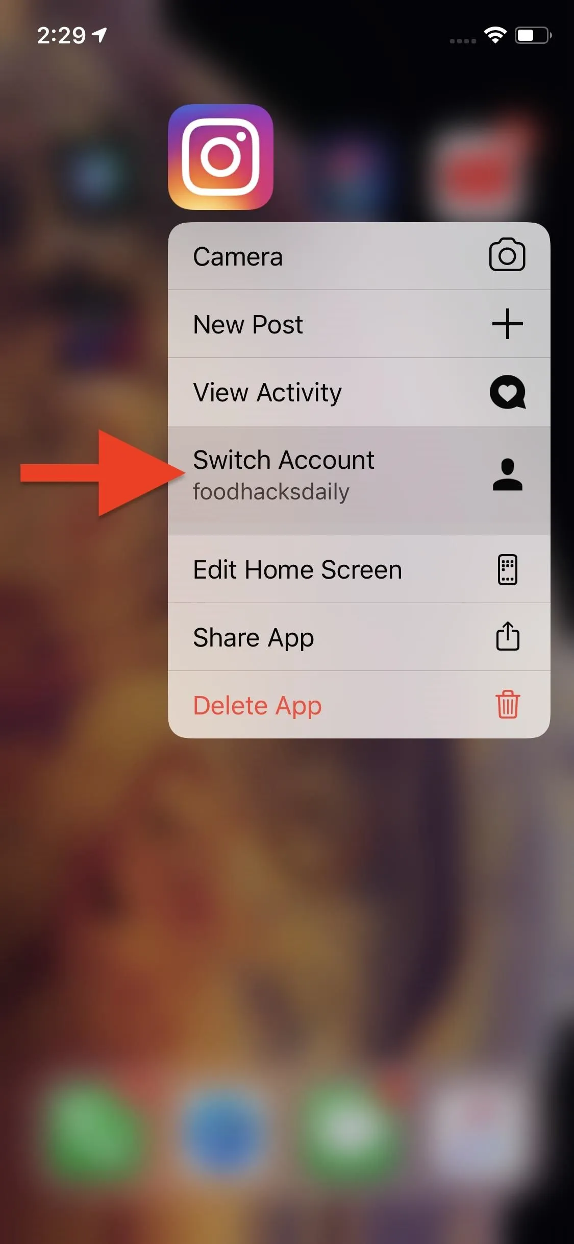 Image showing a smartphone screen with options for managing an Instagram account, including a "Delete Account" option highlighted.