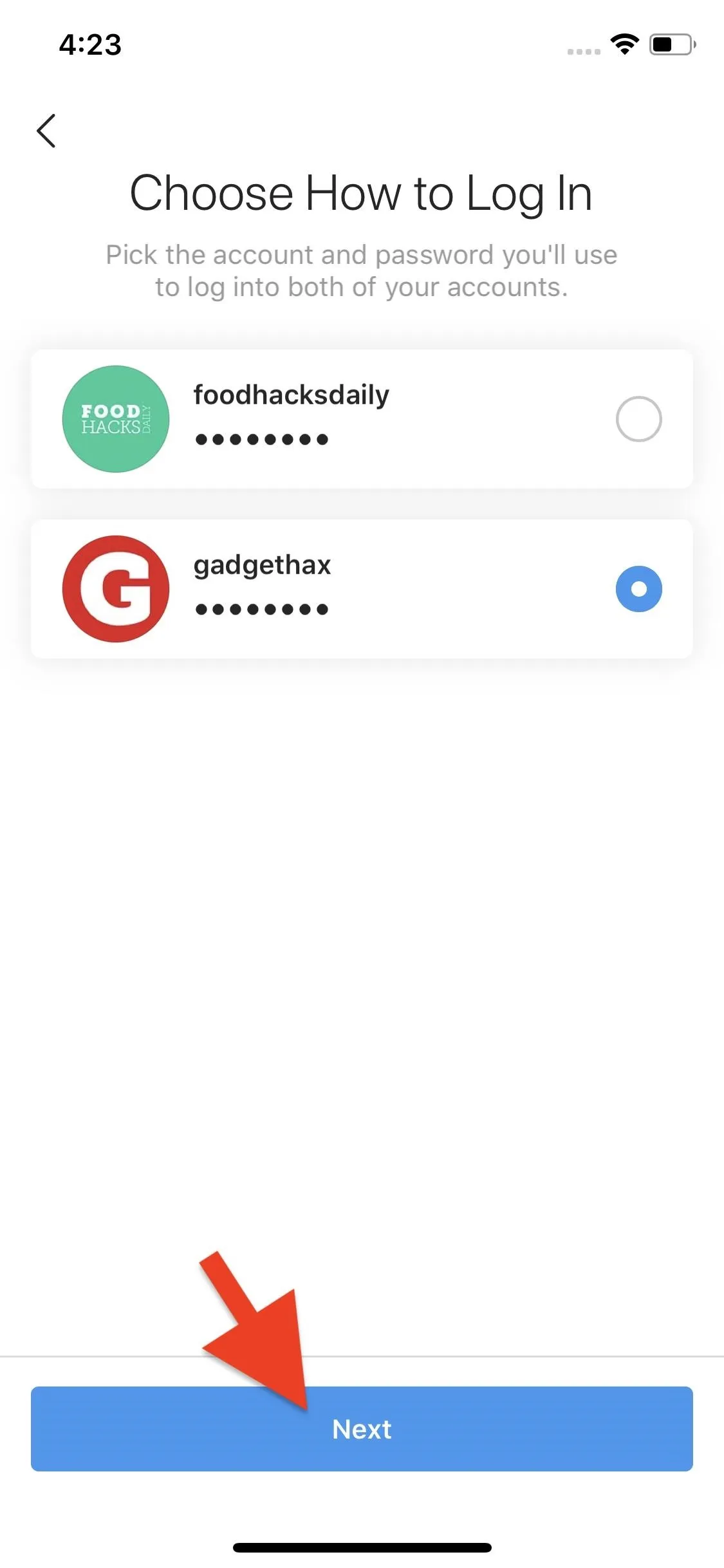 Login screen with options for email and Google authentication, and a highlighted 'Next' button.