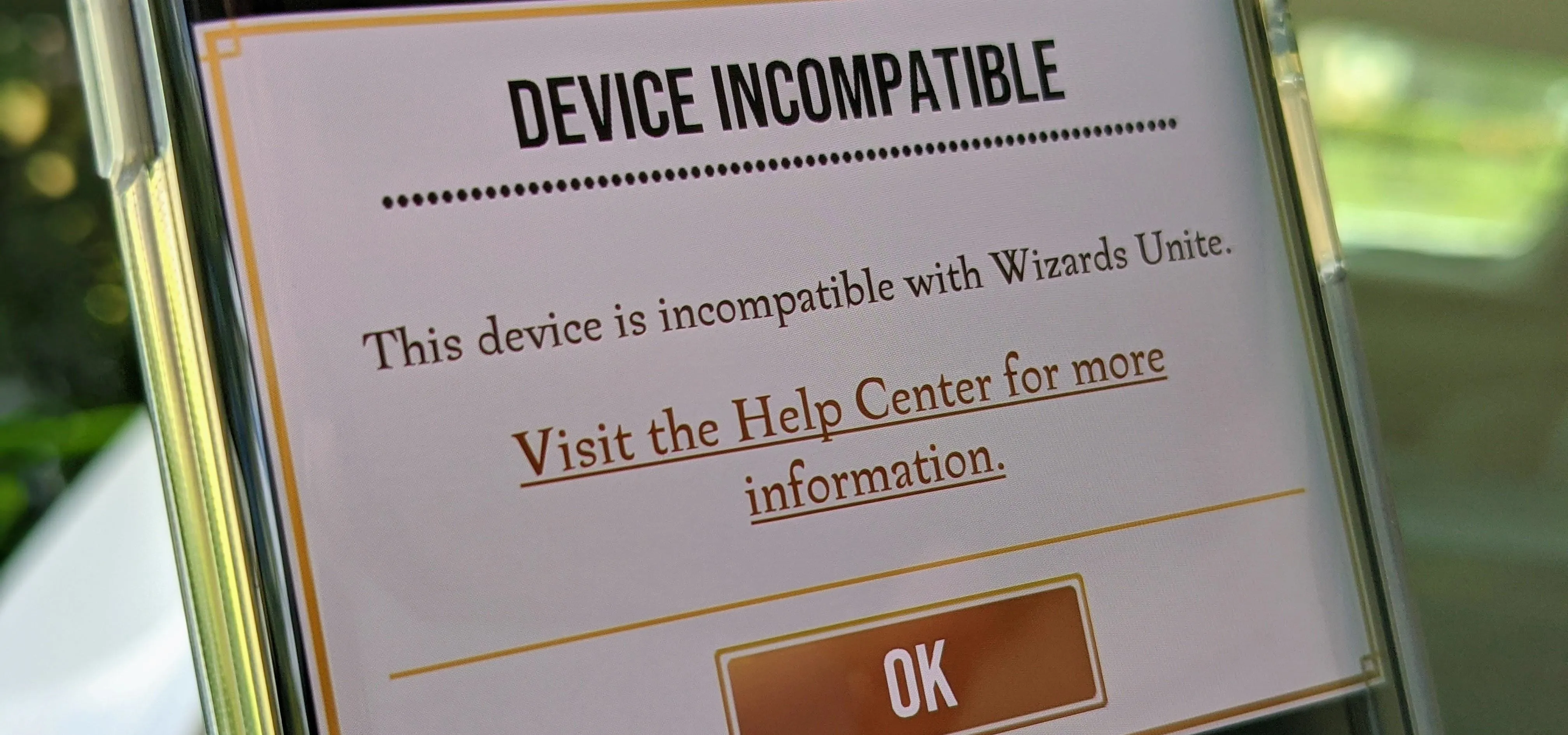 Device incompatible message indicating the need to visit the Help Center for more information.