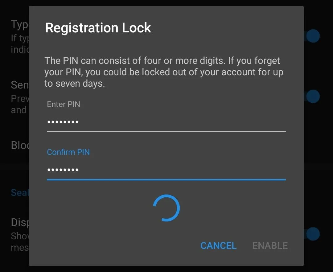 Registration lock screen for PIN entry with a warning about account access if forgotten.