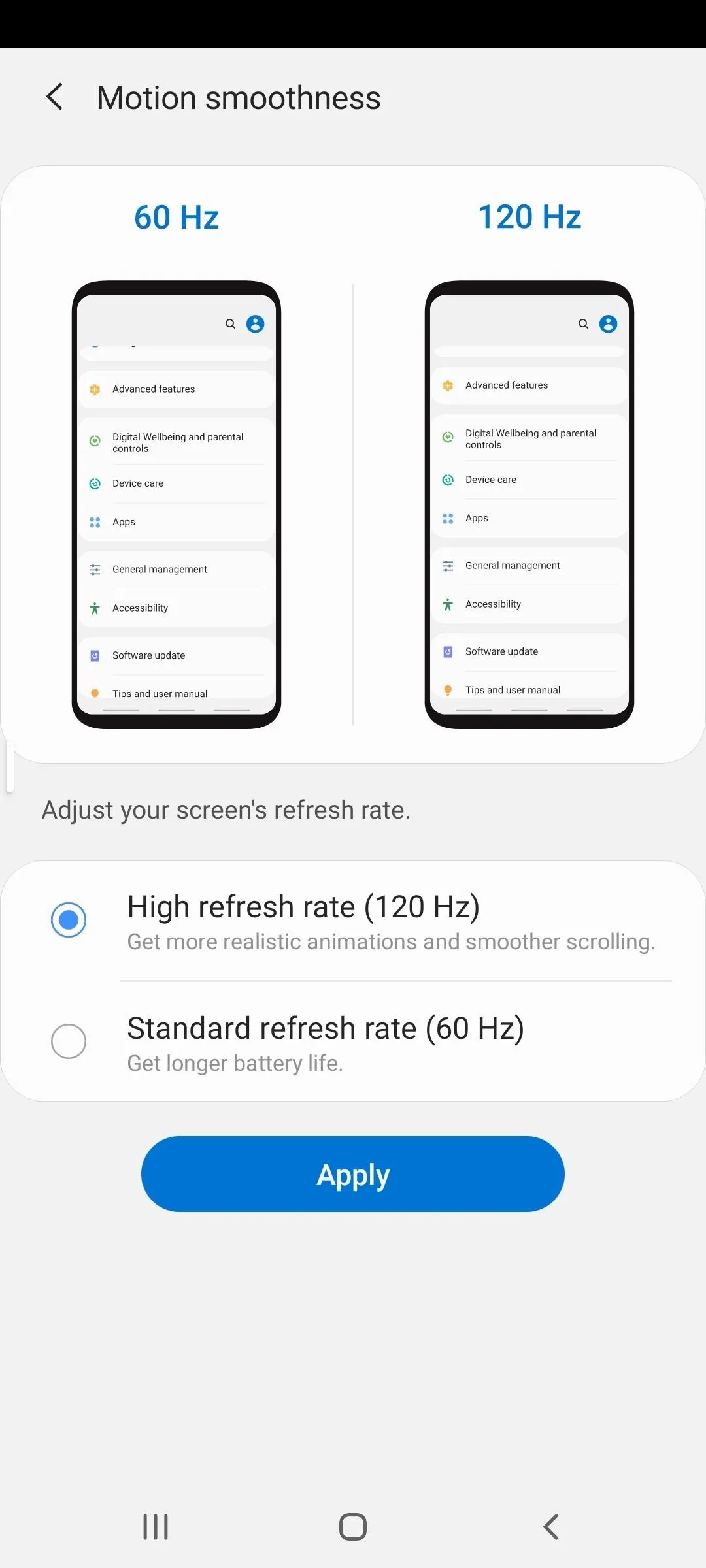Settings screen comparing storage options for mobile devices.
