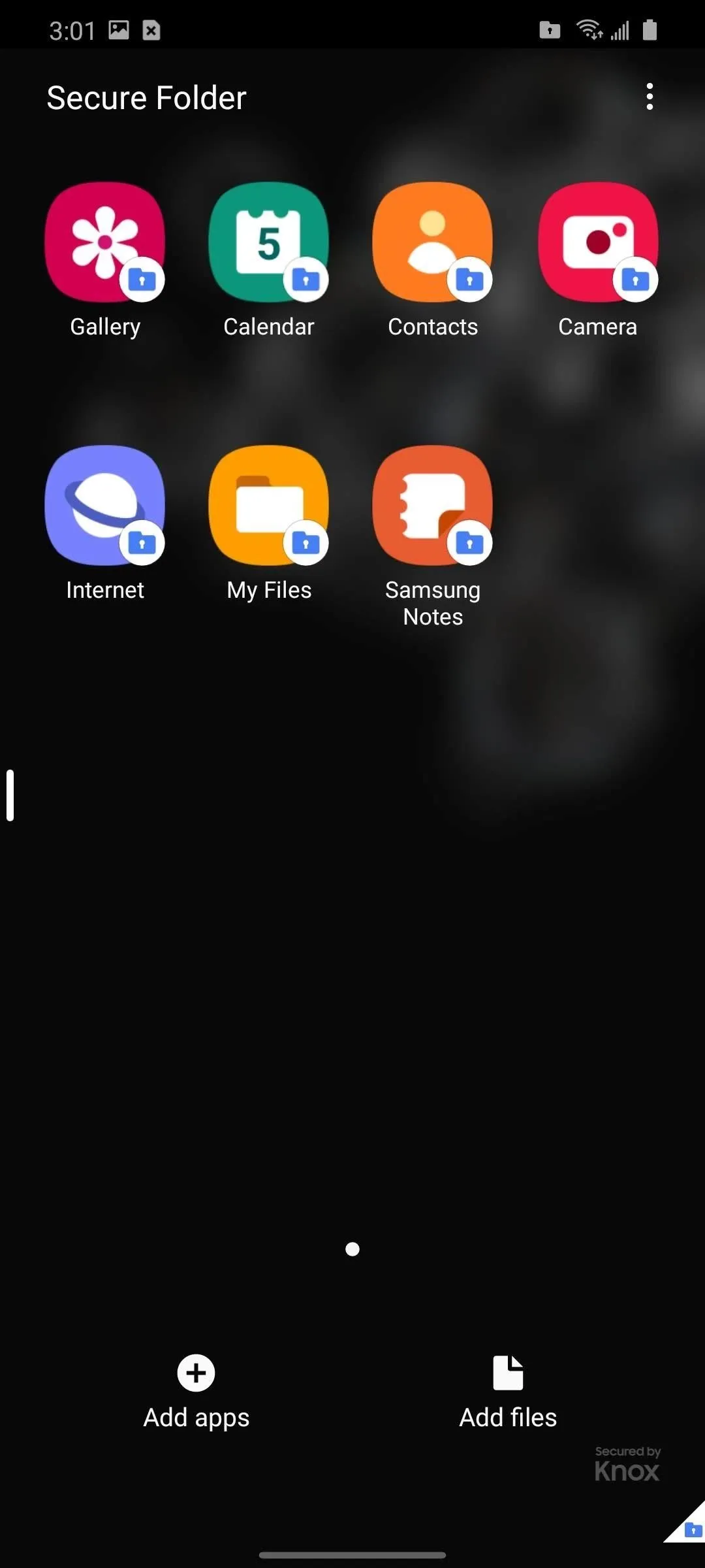 Image of a mobile device screen displaying various application icons in a secure folder.