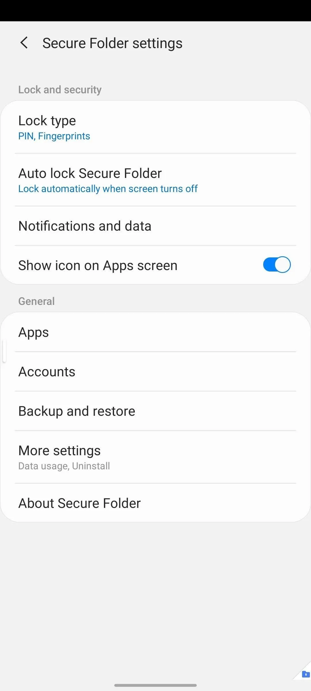 Secure Folder settings on a mobile device.