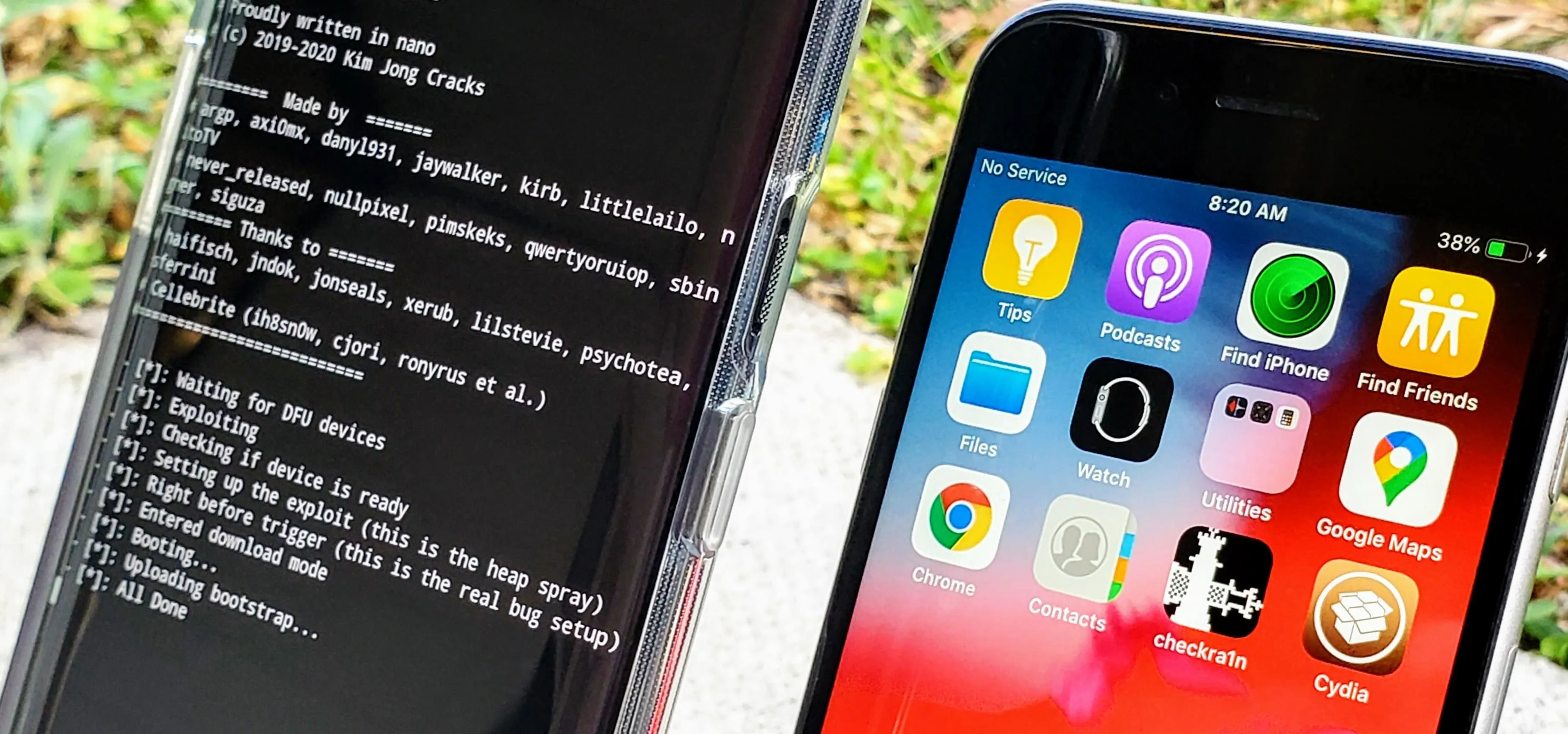Smartphone with code display on the left and home screen with app icons on the right.