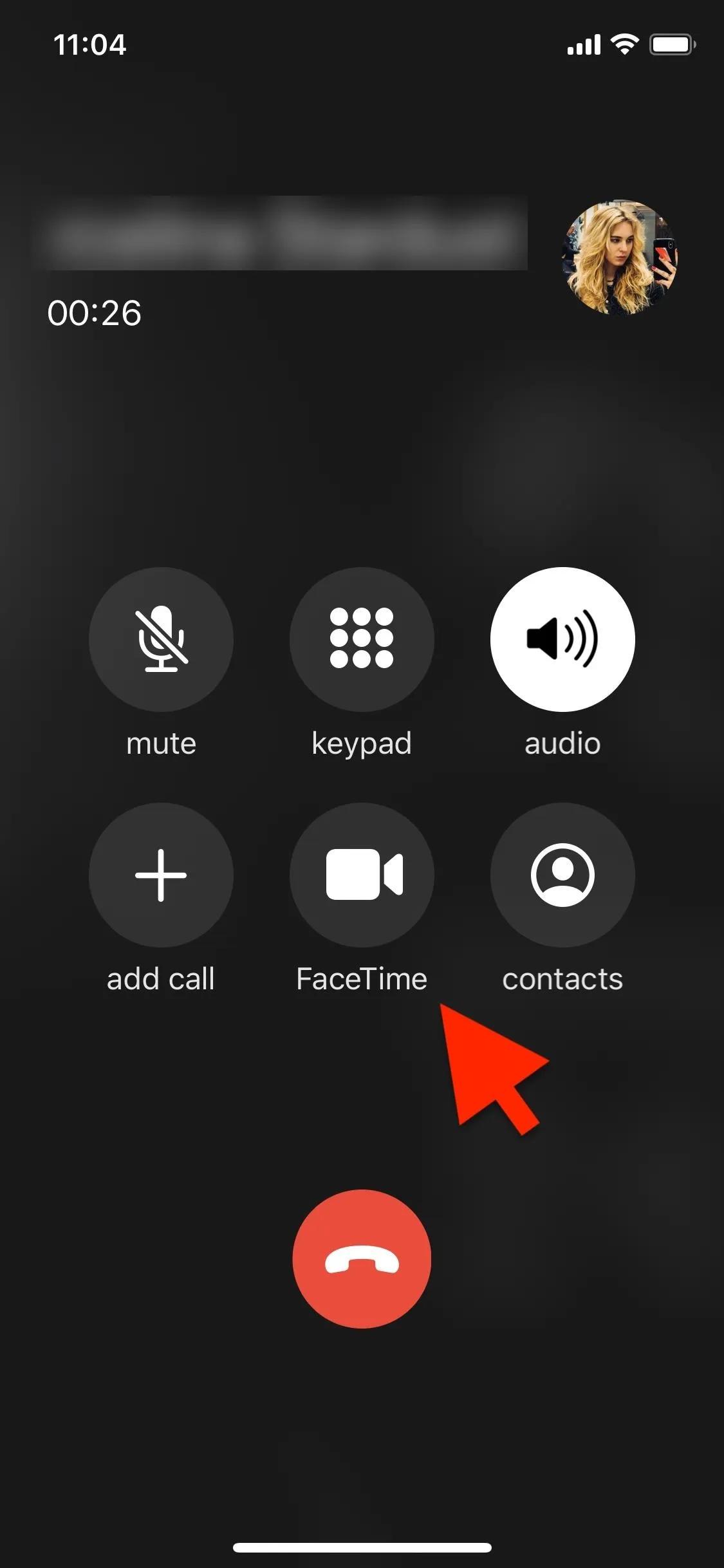 Call interface with options for audio, video, and call management features.
