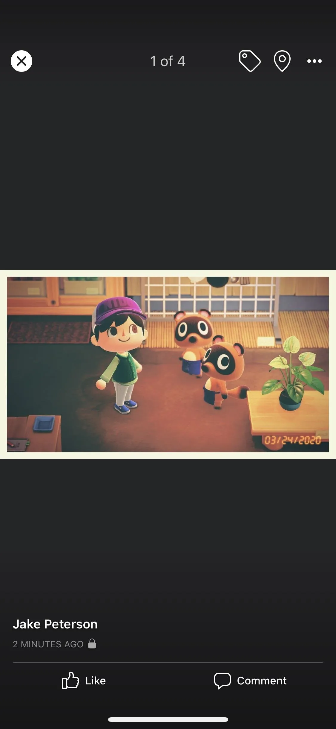 A character interacting with animal villagers in a cozy indoor setting.