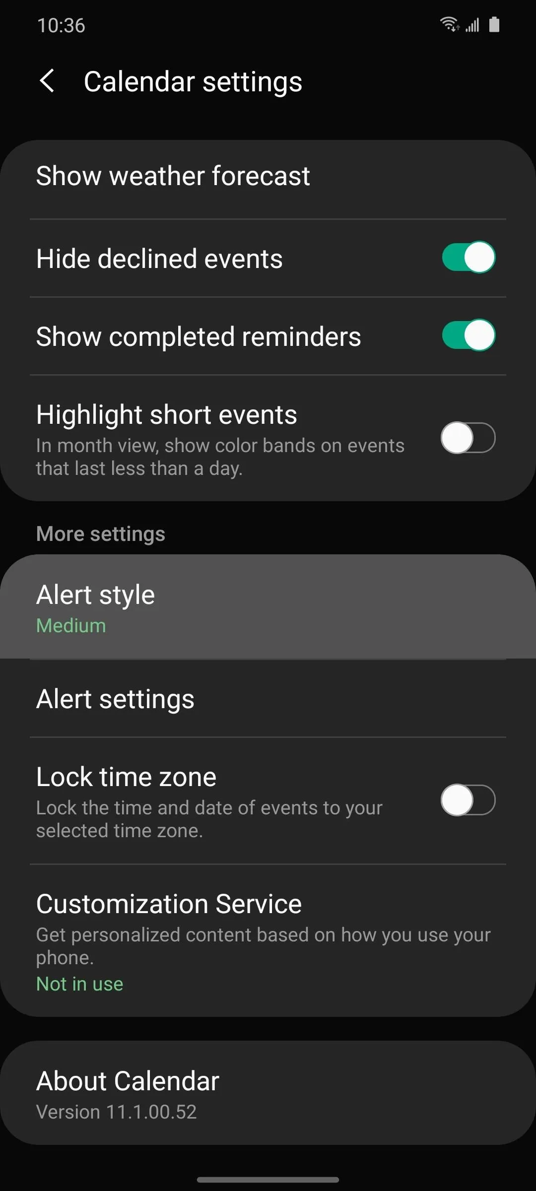 Calendar settings interface with options for event visibility, vendor management, and alert configurations.