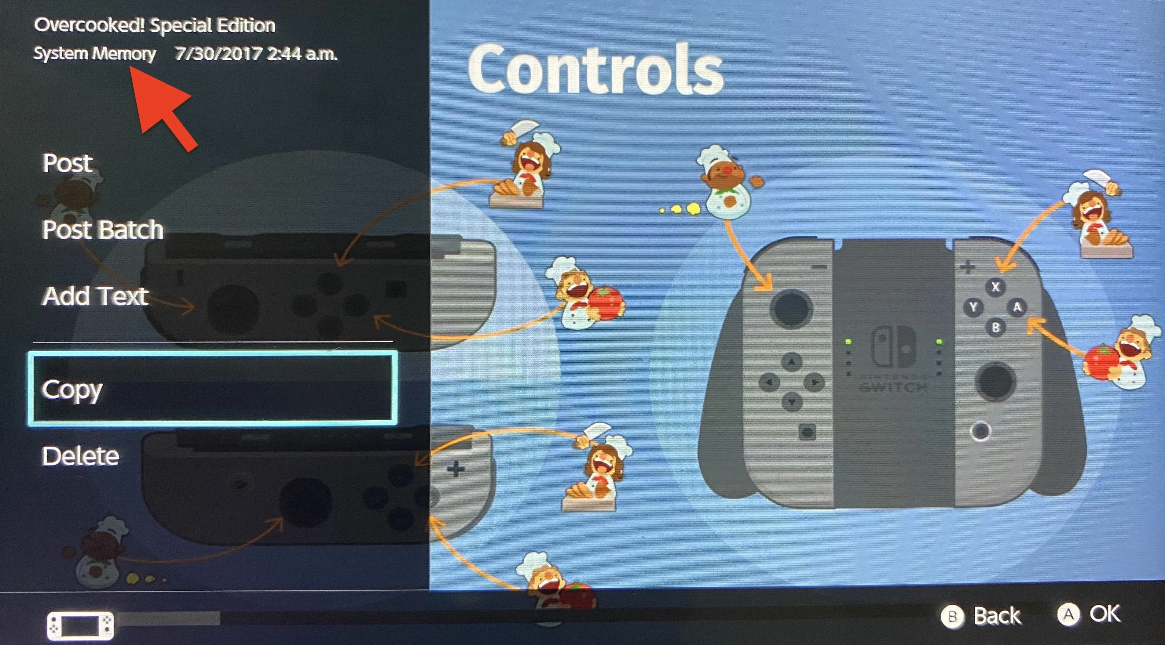 Controls interface for a video game featuring a Nintendo Switch console.