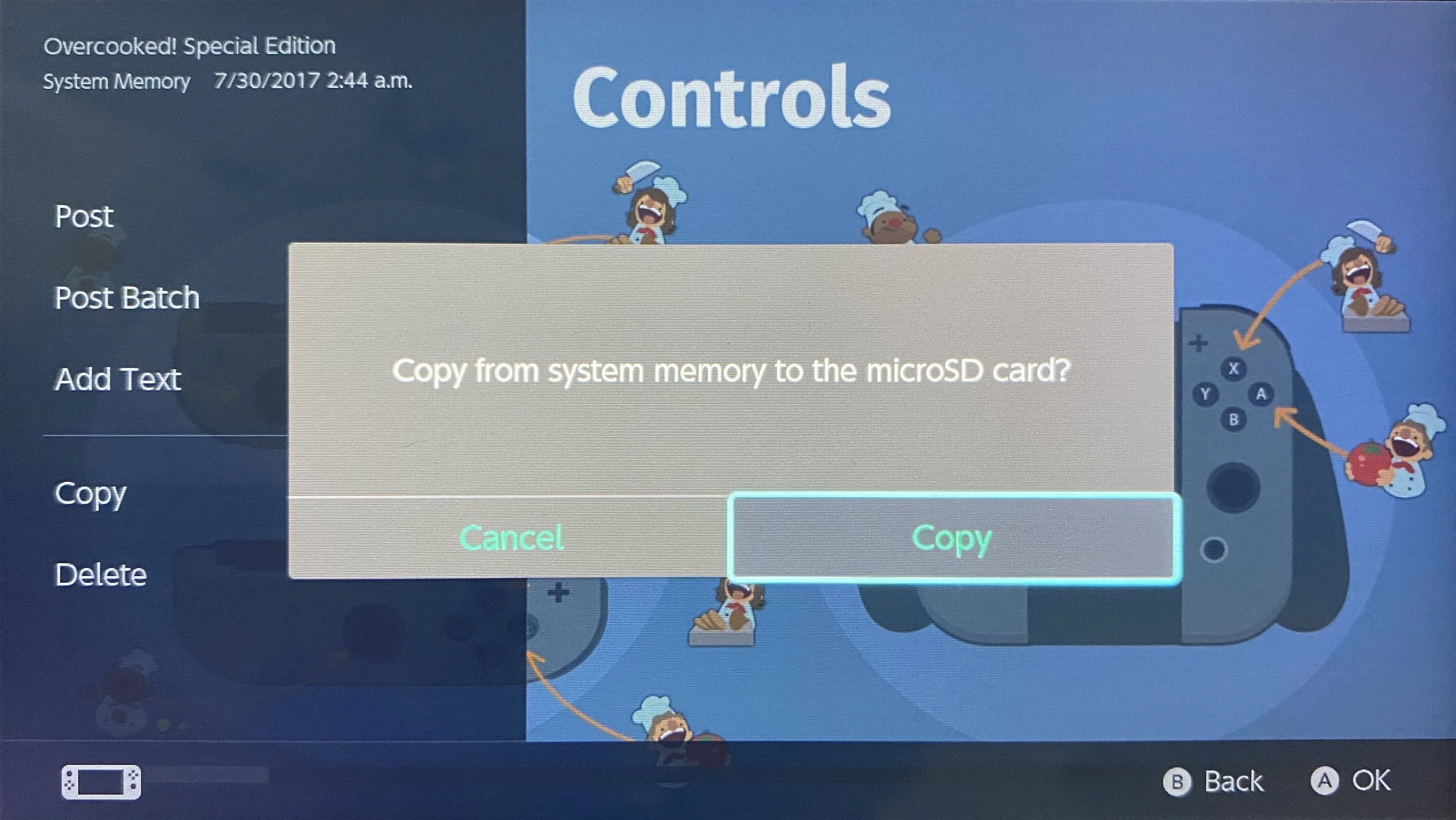 Game console interface showing controls menu with options to copy data.