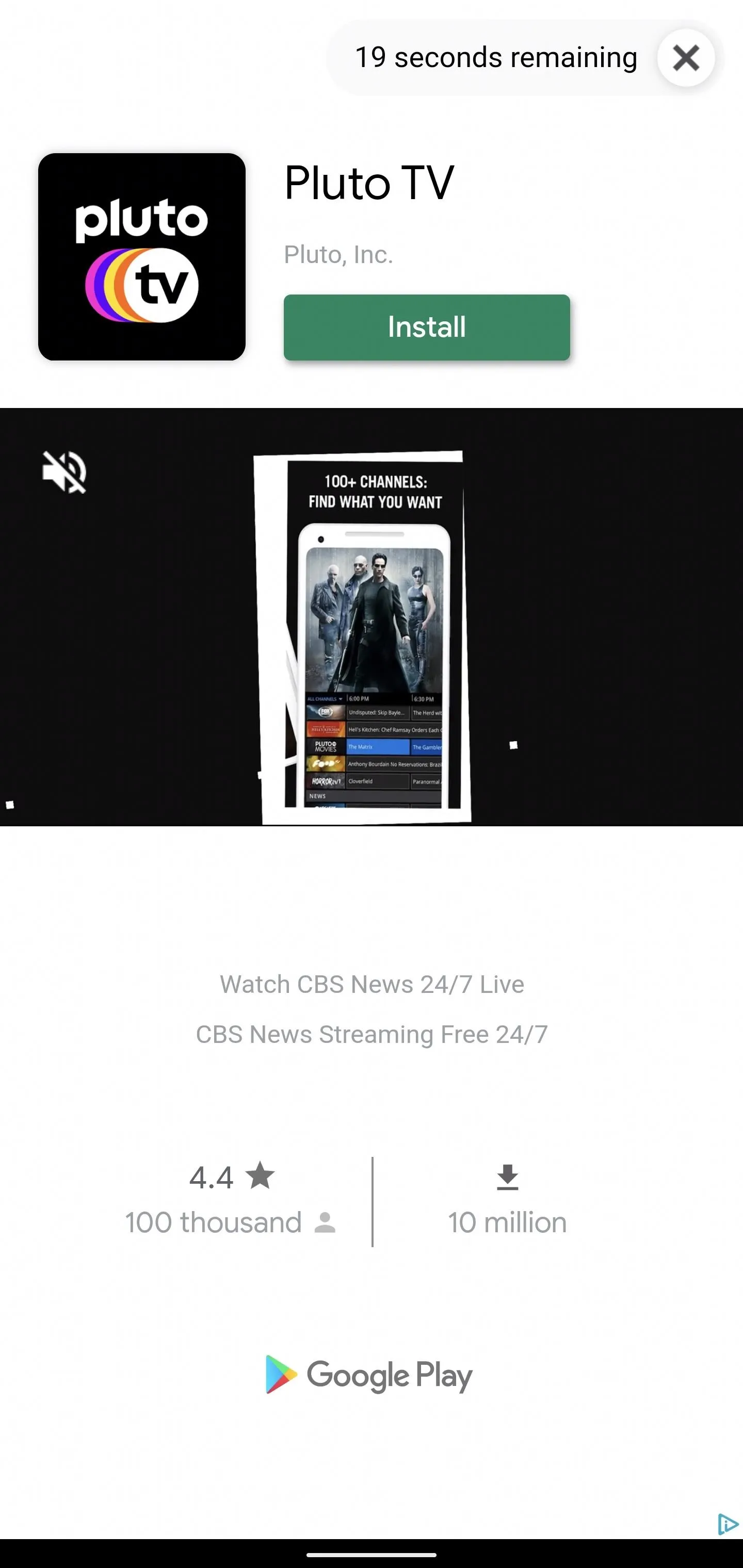 Pluto TV app featuring a streaming interface with promotional images.