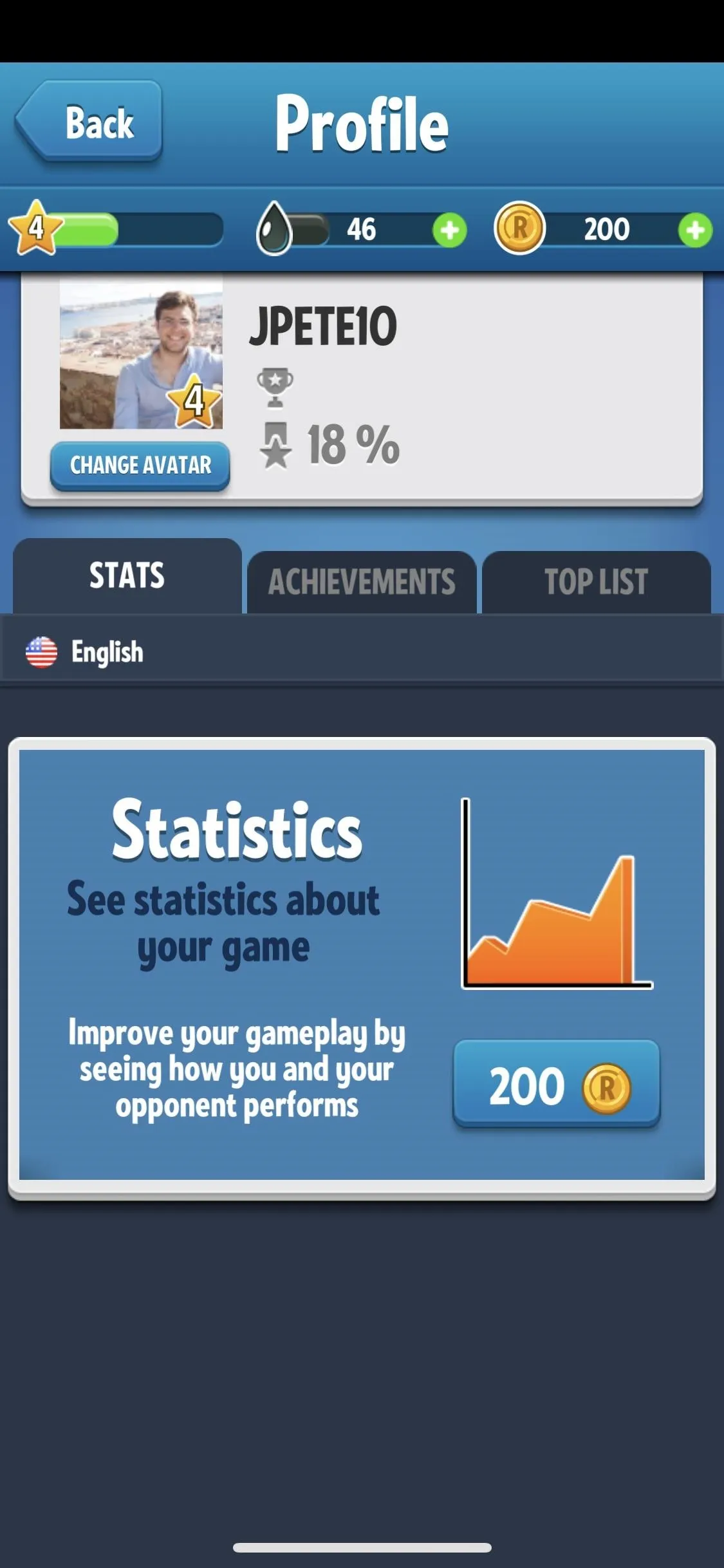 User profile statistics page with a graph showing performance metrics.