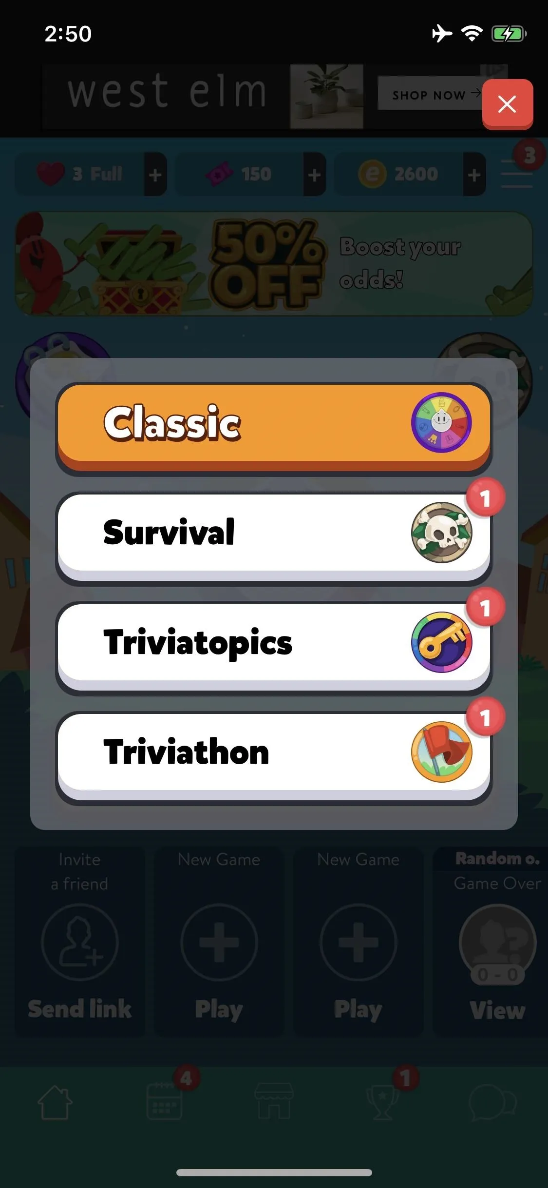 Quiz game menu with options: Culture, Survival, Trivia Topics, and Triviatheon.