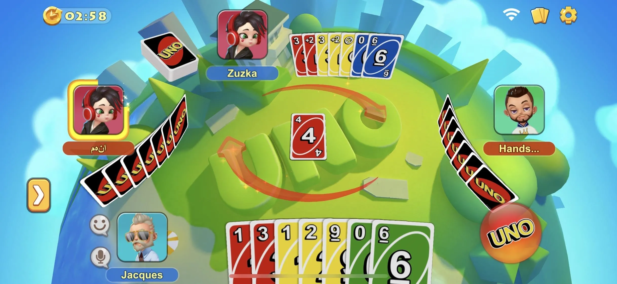 A colorful digital game of UNO featuring players and their cards on a stylized world map.