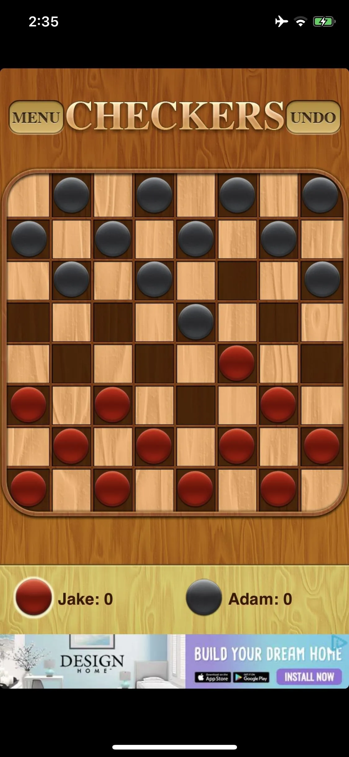 Checkers game board in progress between two players, Jake and Adam.