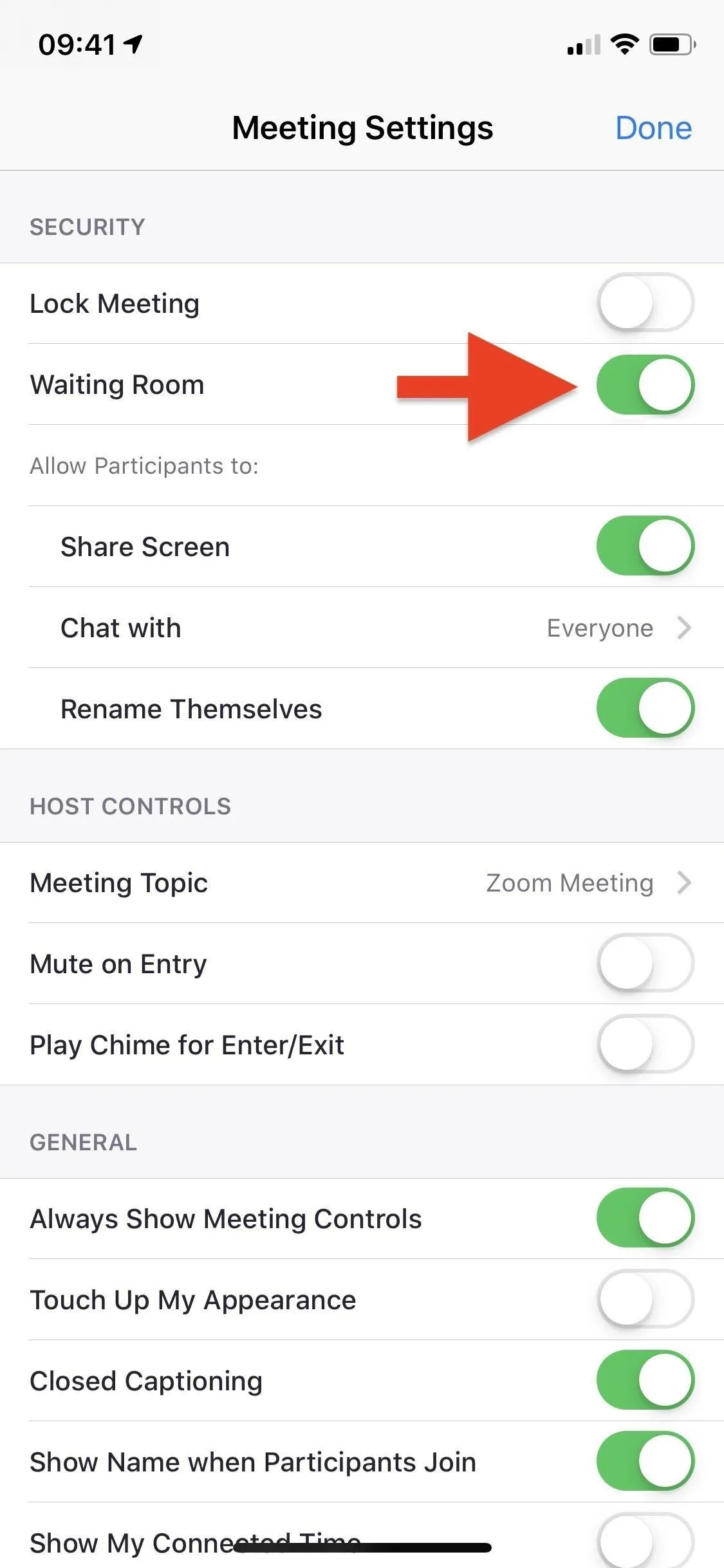 Meeting settings options on a mobile app.