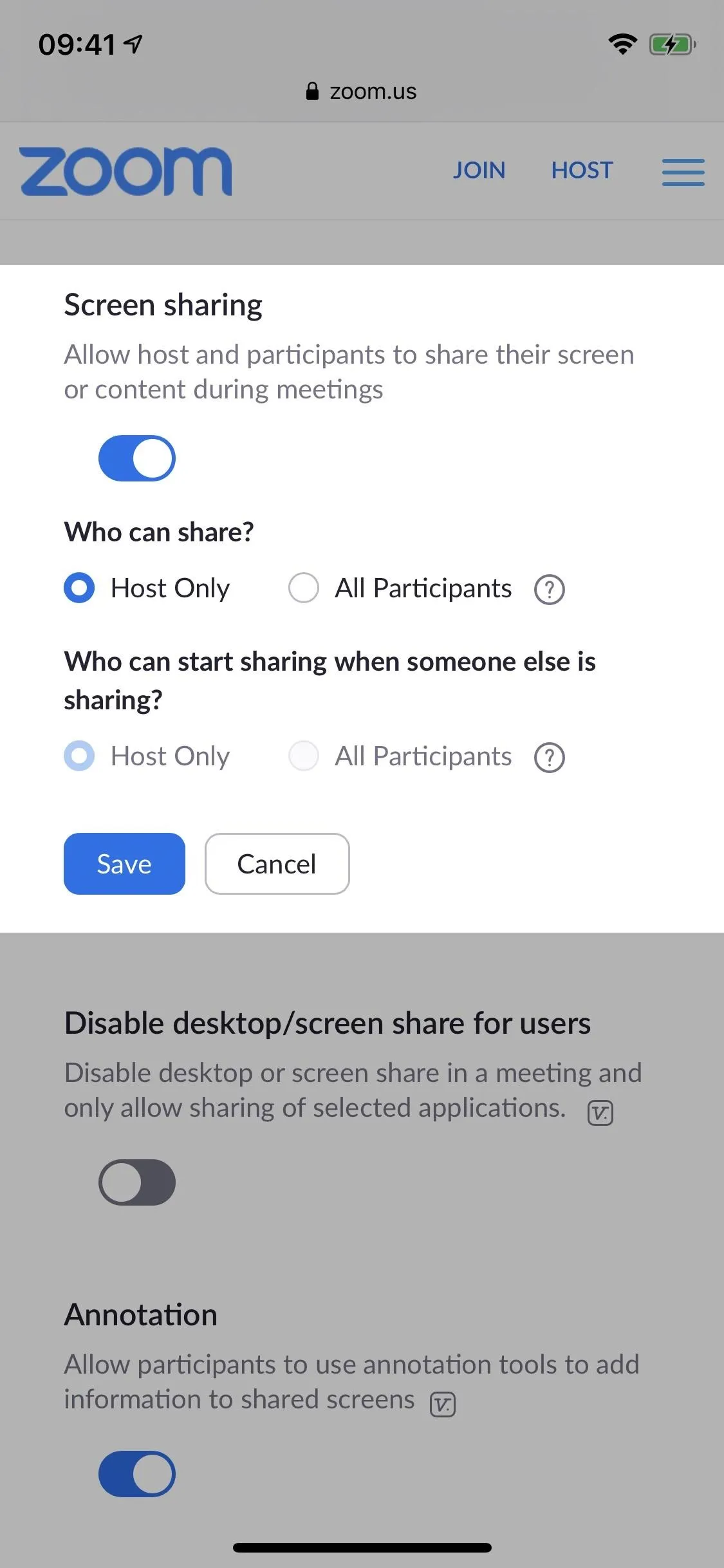Zoom app screen showing screen sharing options and settings.
