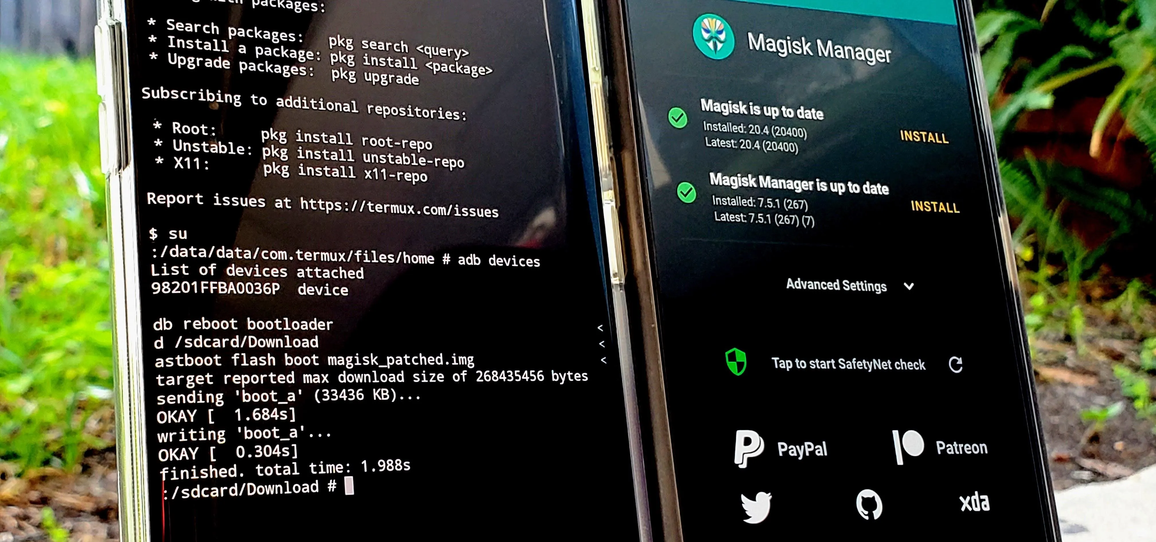Smartphones displaying a command line interface and a mobile application screen.