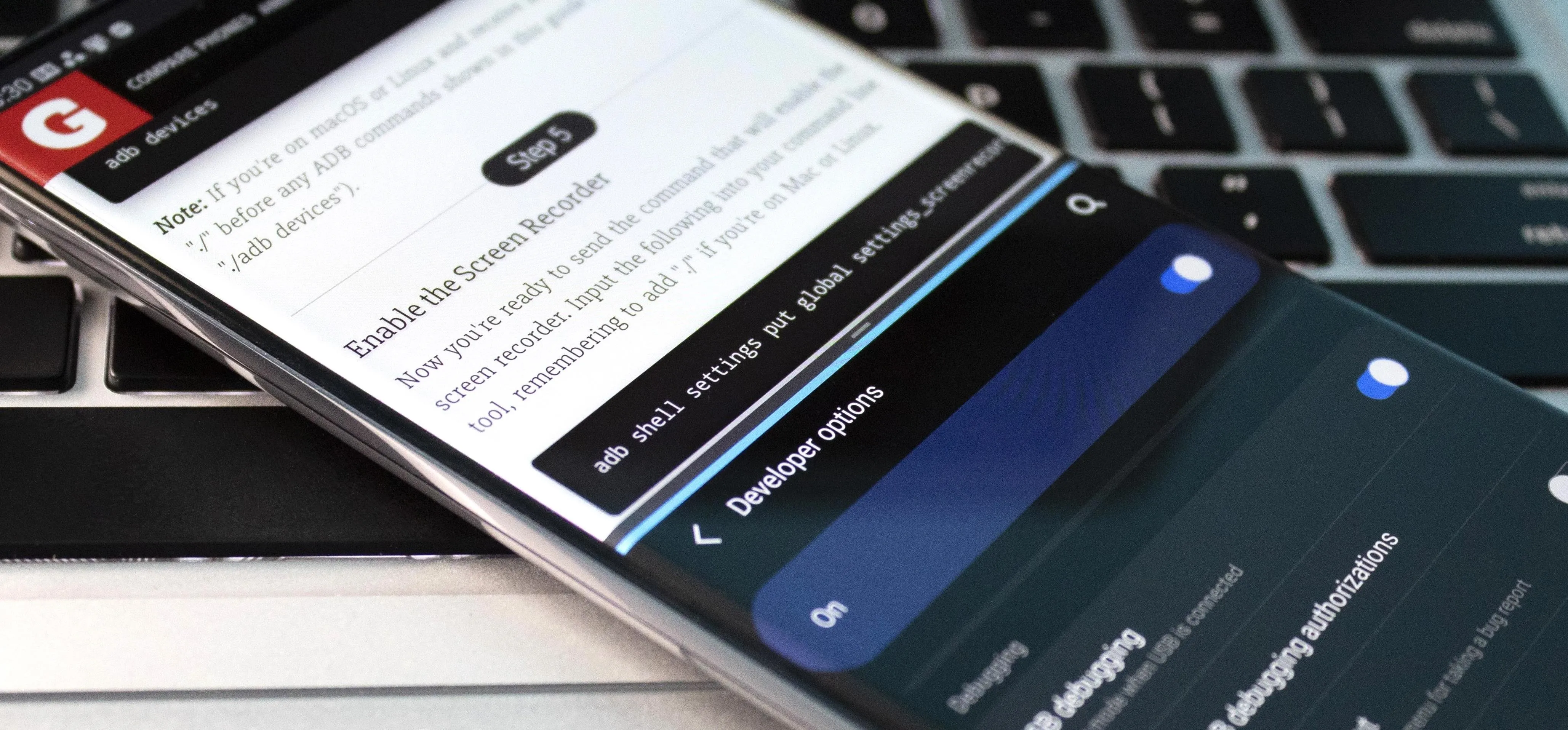 Mobile device displaying app settings on a keyboard background.