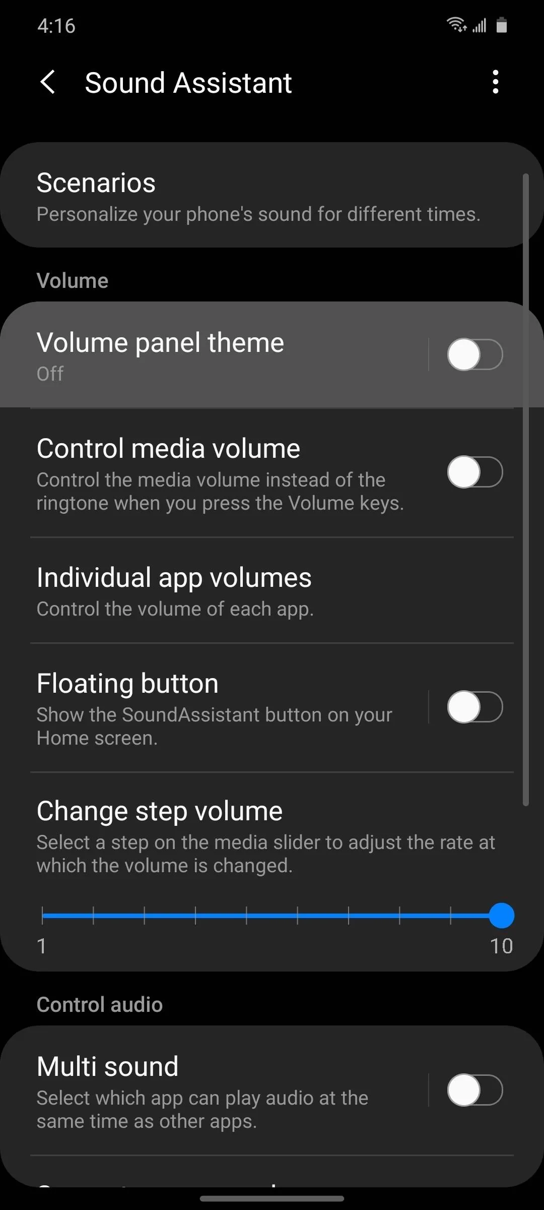 Settings menu for sound assistants with various audio control options displayed.