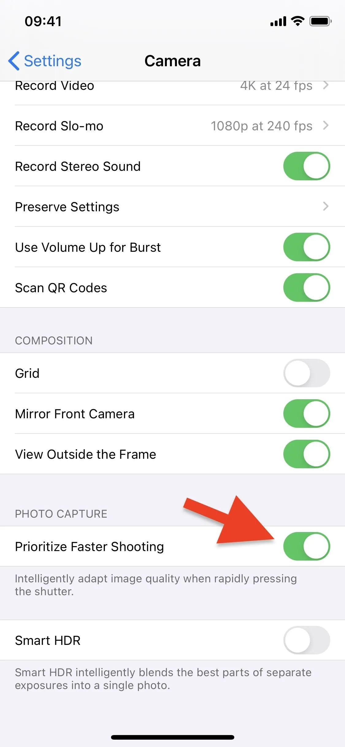 Camera settings menu on a smartphone with options for recording video and enabling features.