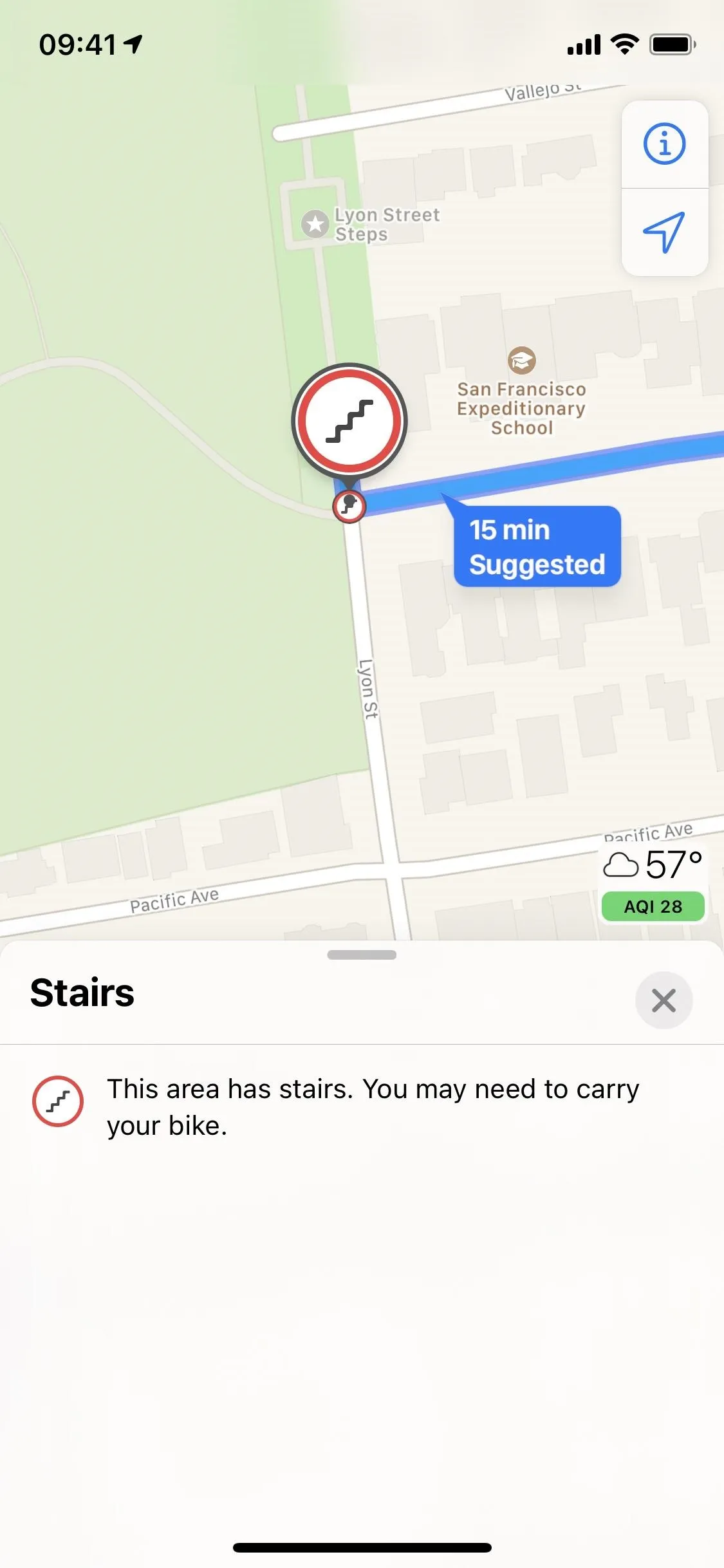 Map interface showing navigation to a location near a body of water.