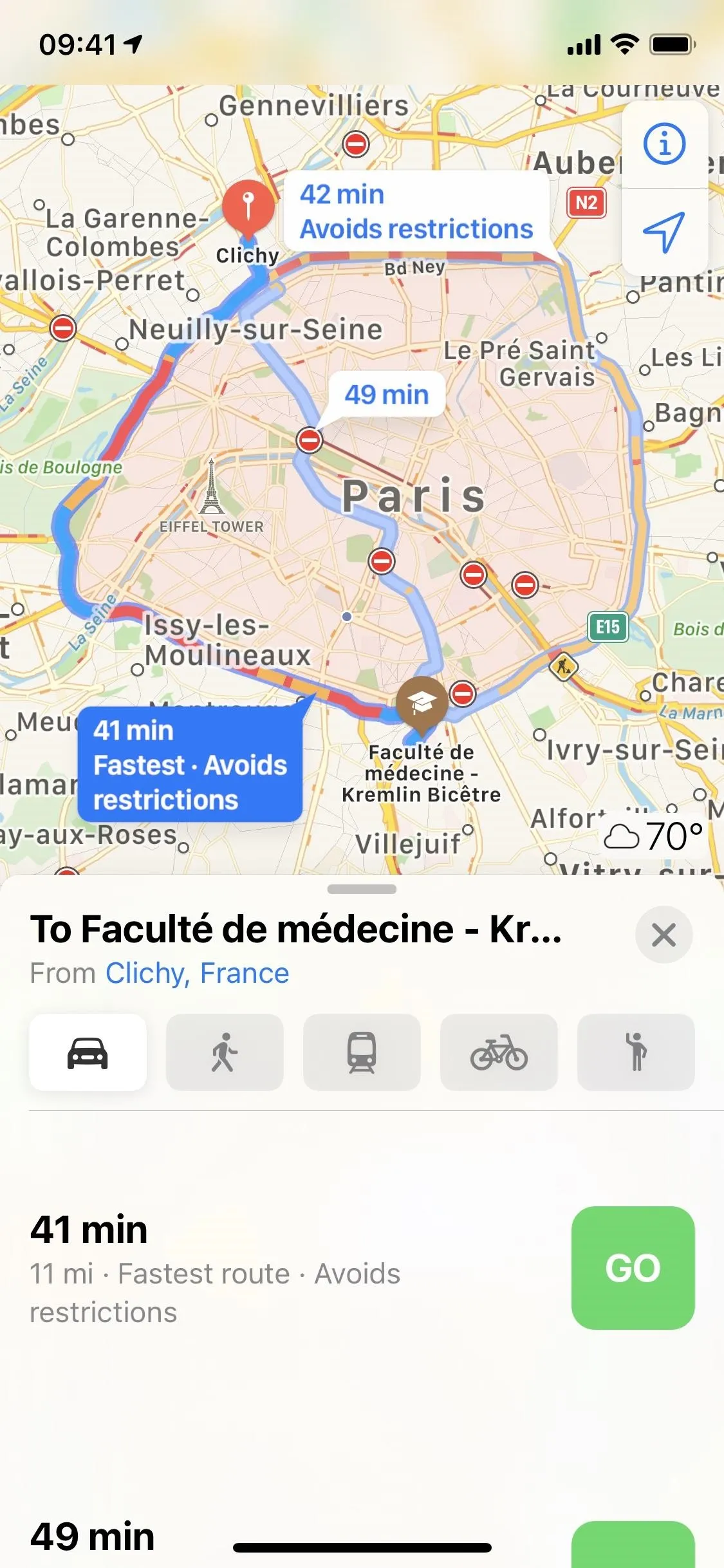 Map with route directions to a location.