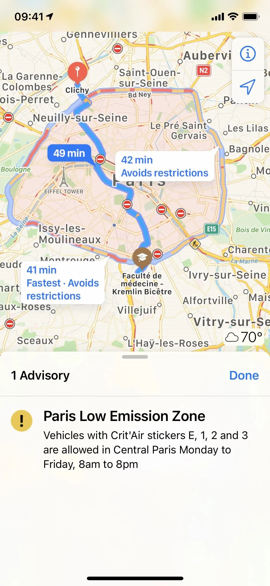 Map showing a route to the Pula Low Emission Zone in Spain.