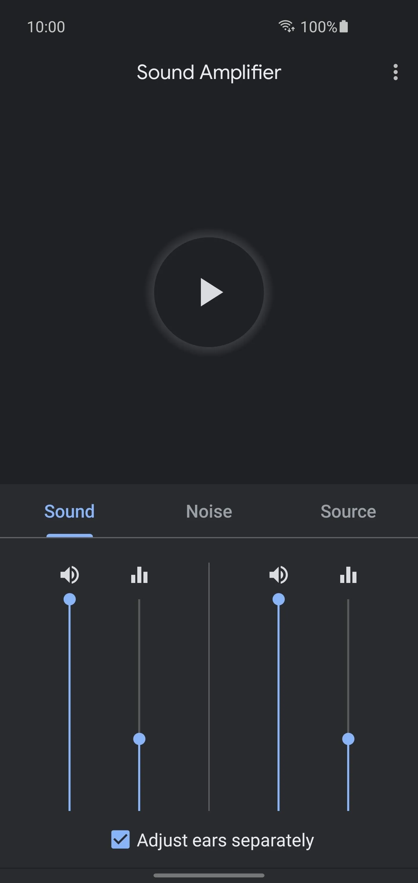 Audio amplifier interface with playback controls and equalizer sliders.