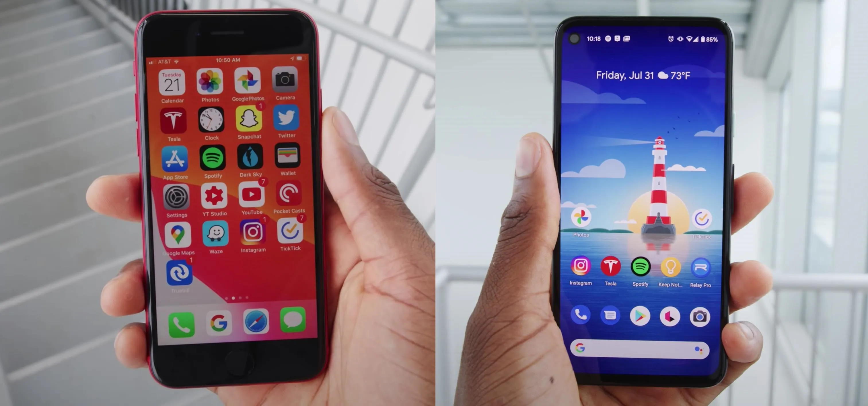 Two smartphones held in hands, displaying app interfaces on each screen.