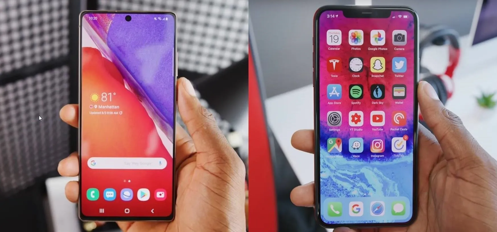 Two smartphones held in hands, one displaying a colorful interface and the other an app grid.
