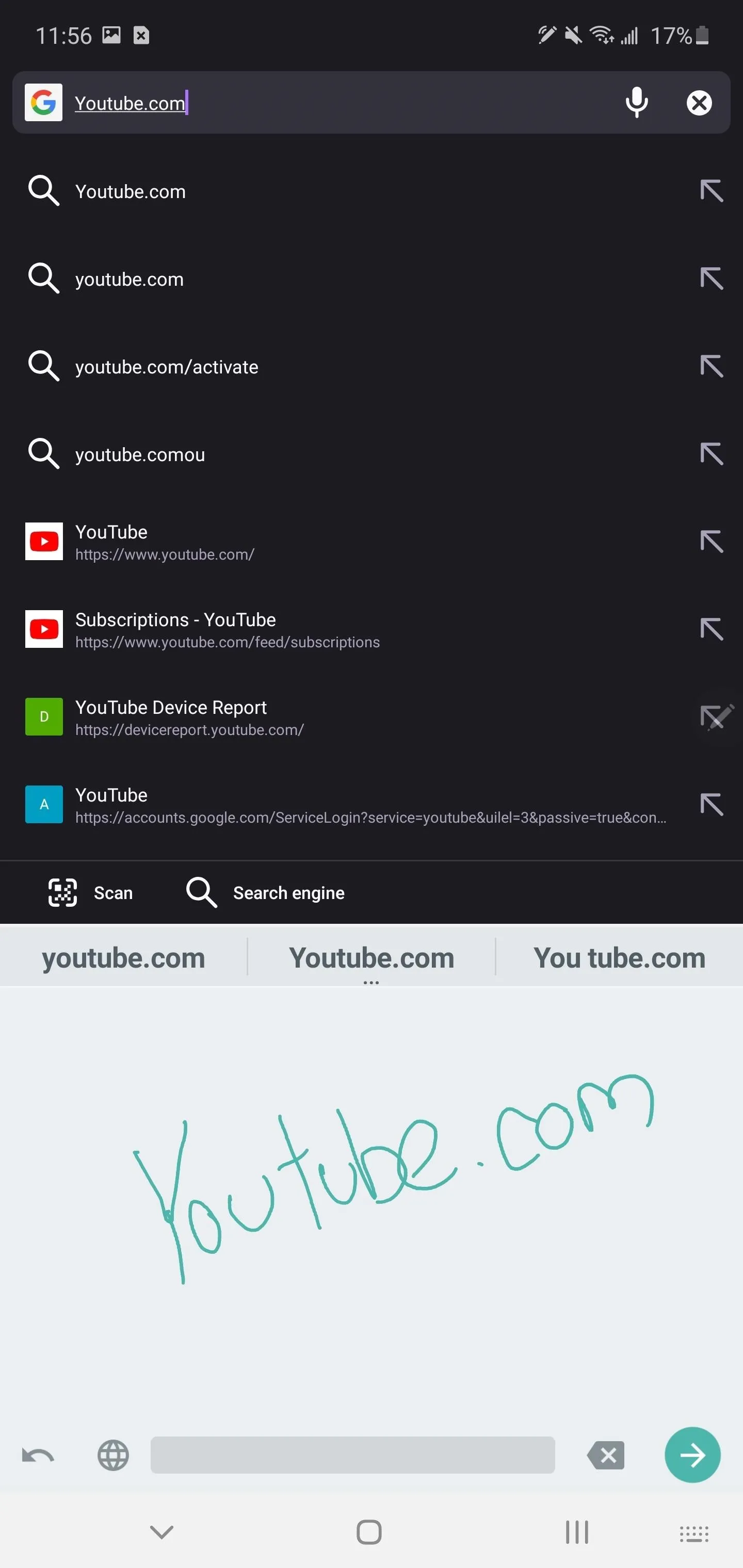 YouTube search interface on a mobile device.
