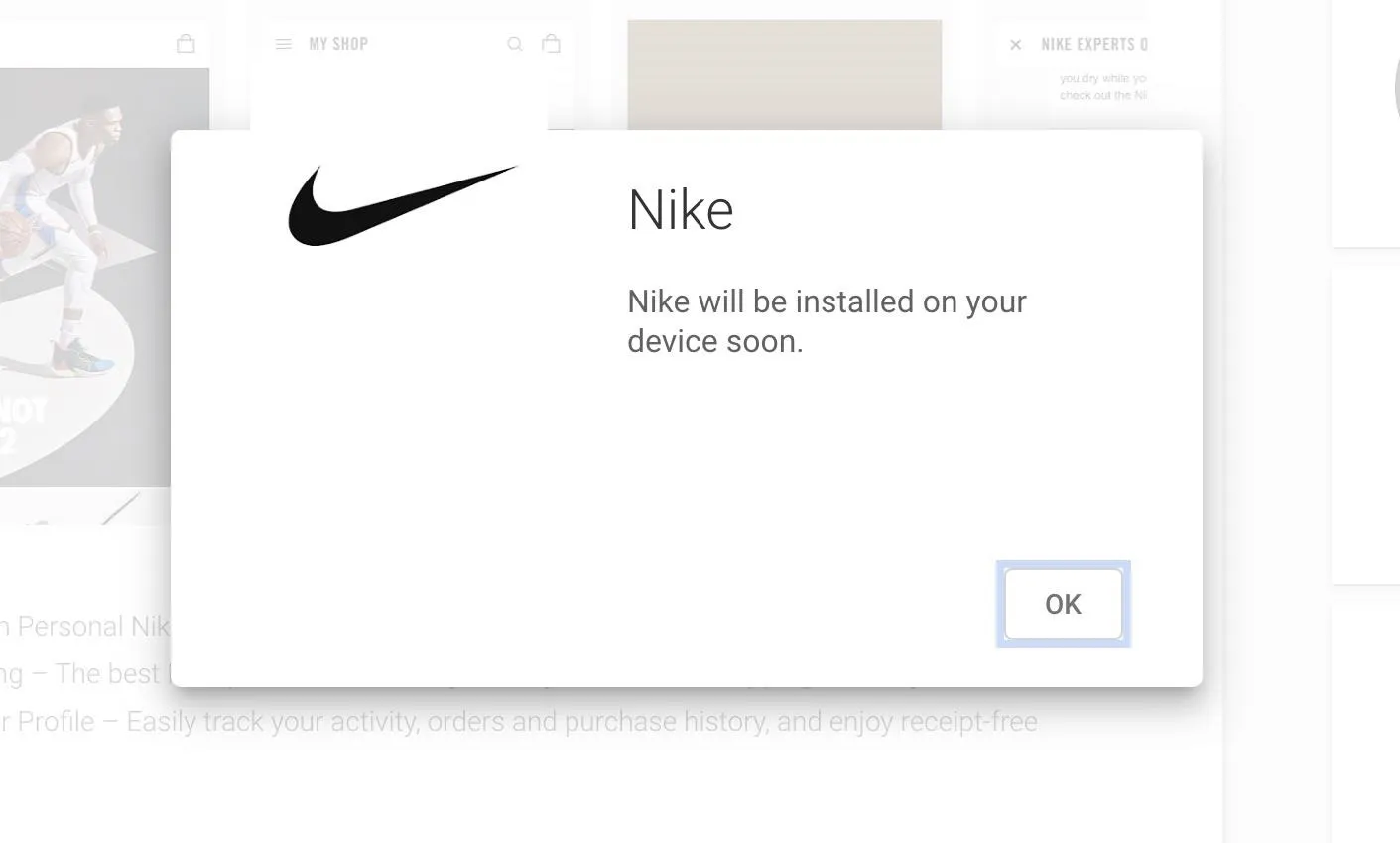 Nike installation notification pop-up.