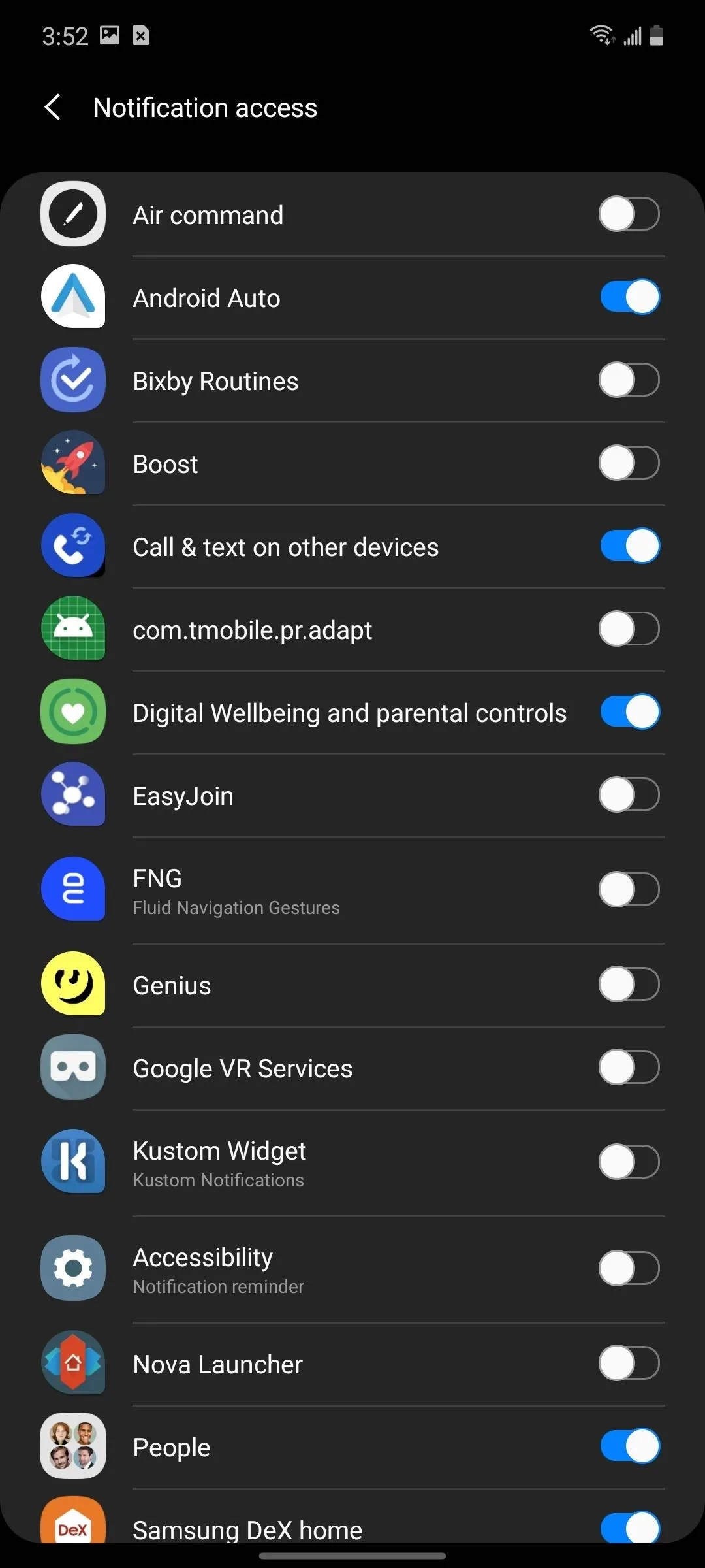 Notification settings menu on a mobile device displaying various app options.