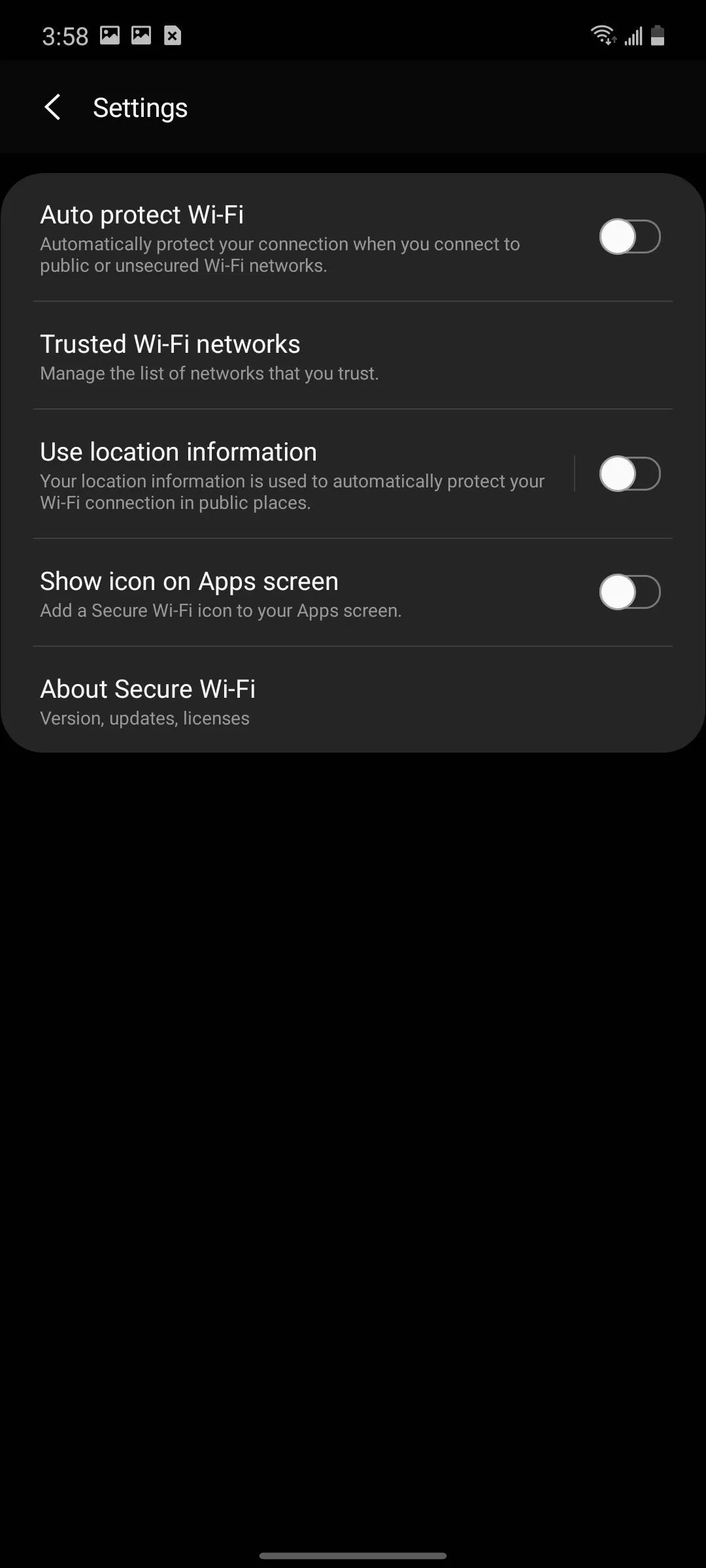 Settings menu options on a mobile device screen.
