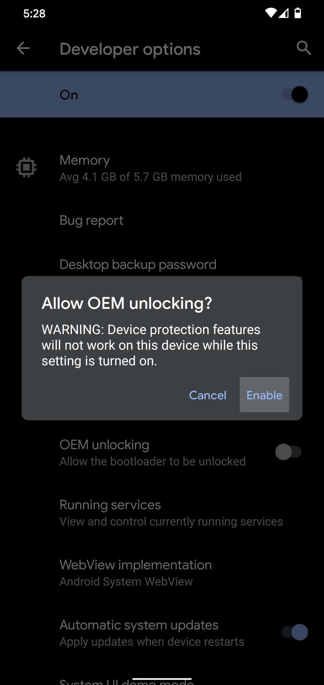 Developer options settings screen with a prompt about allowing USB debugging.