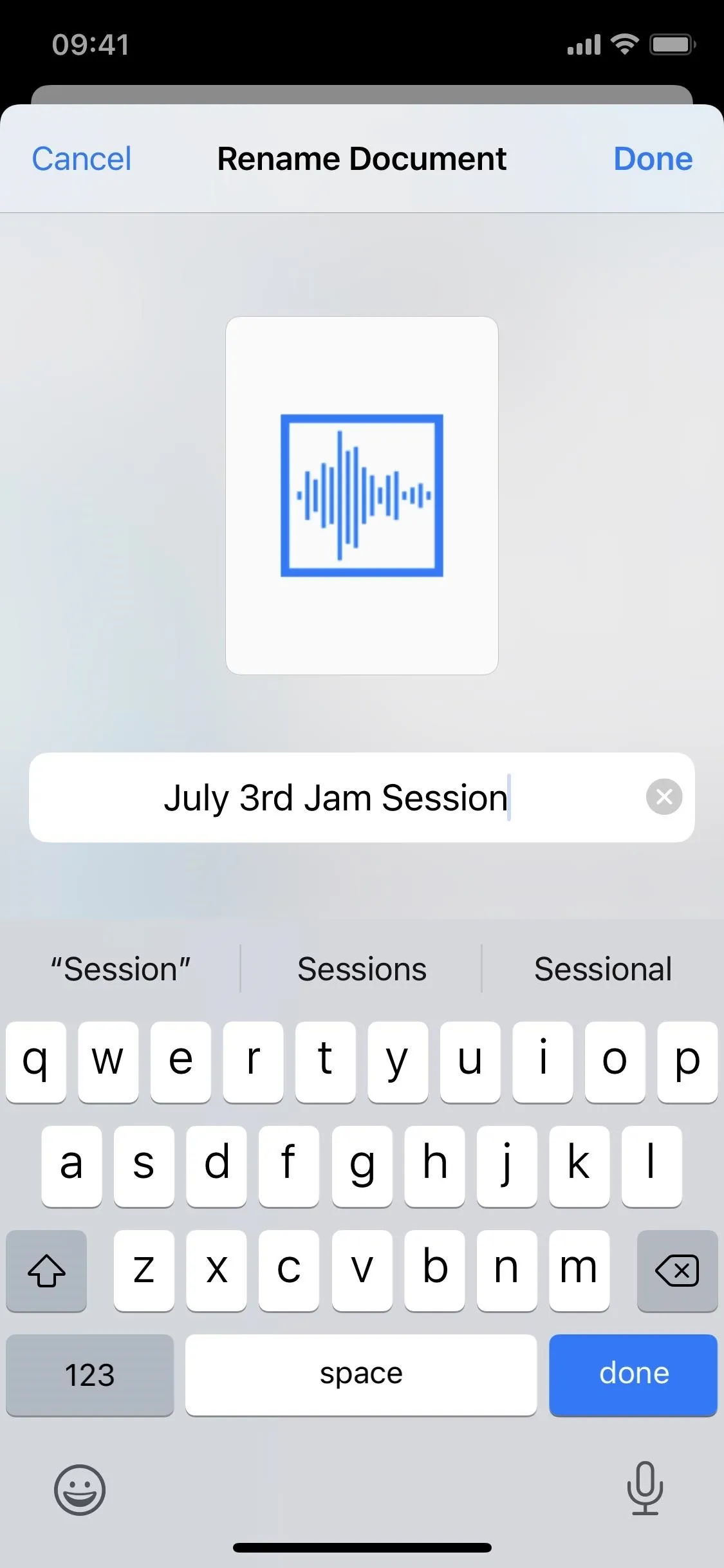 Digital screenshot of a mobile device showing a document named "July 3rd Jam Session's" with an audio waveform icon.