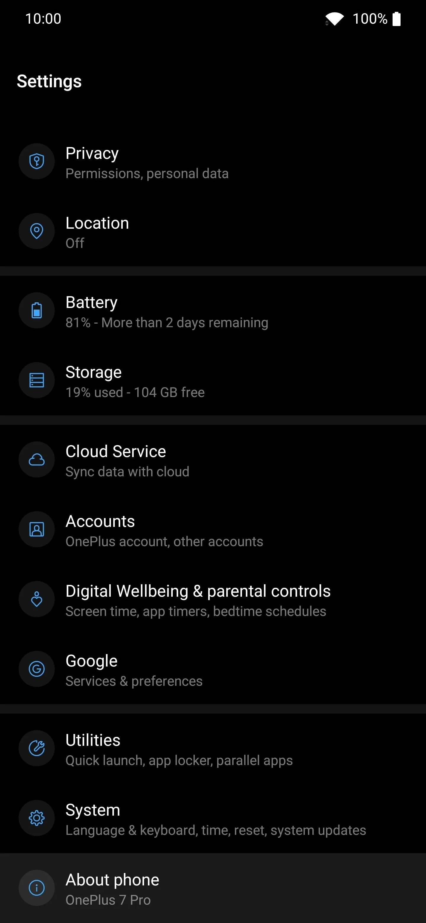 Settings menu displaying various options on a mobile device.
