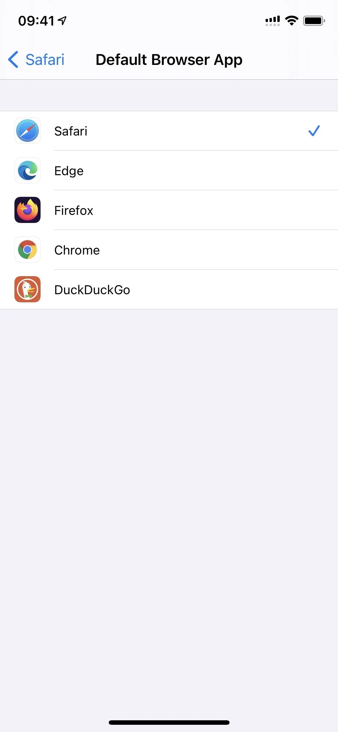 Selection screen for setting the default browser app on a smartphone.