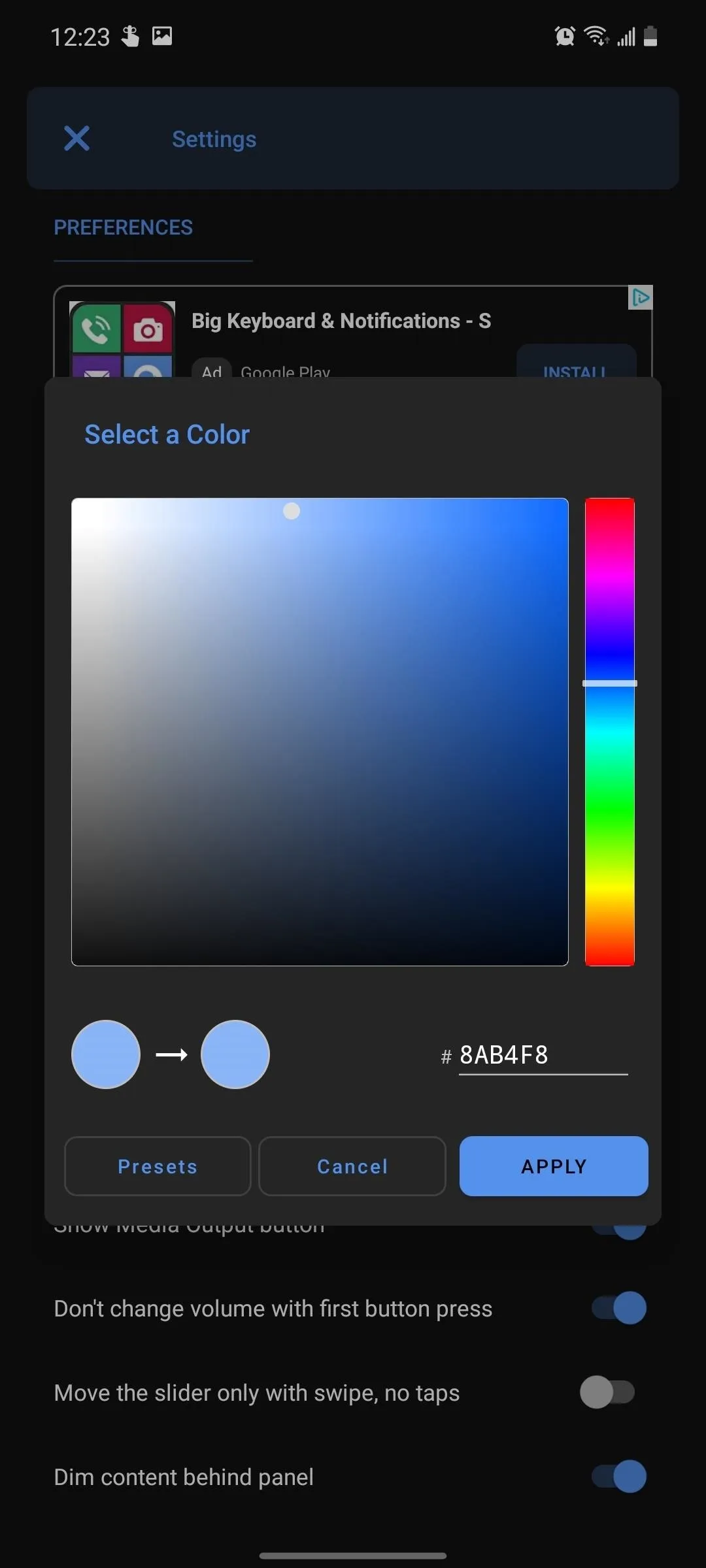 Color picker interface displaying gradient options and color selection tools.