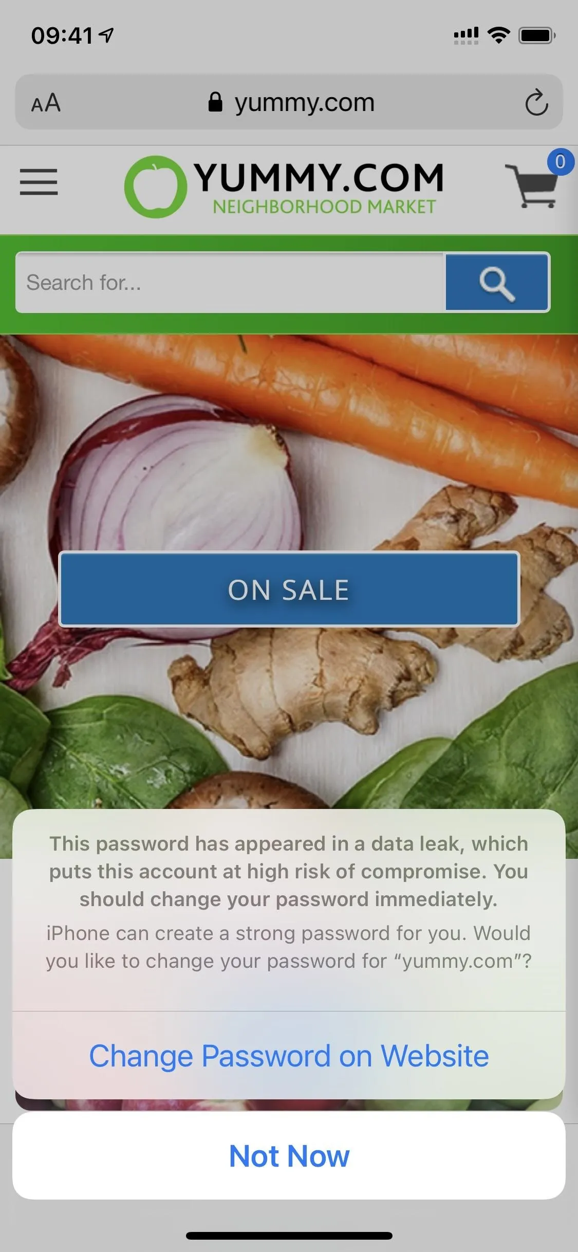 Fresh vegetables displayed on a website with an emphasis on a sale promotion.