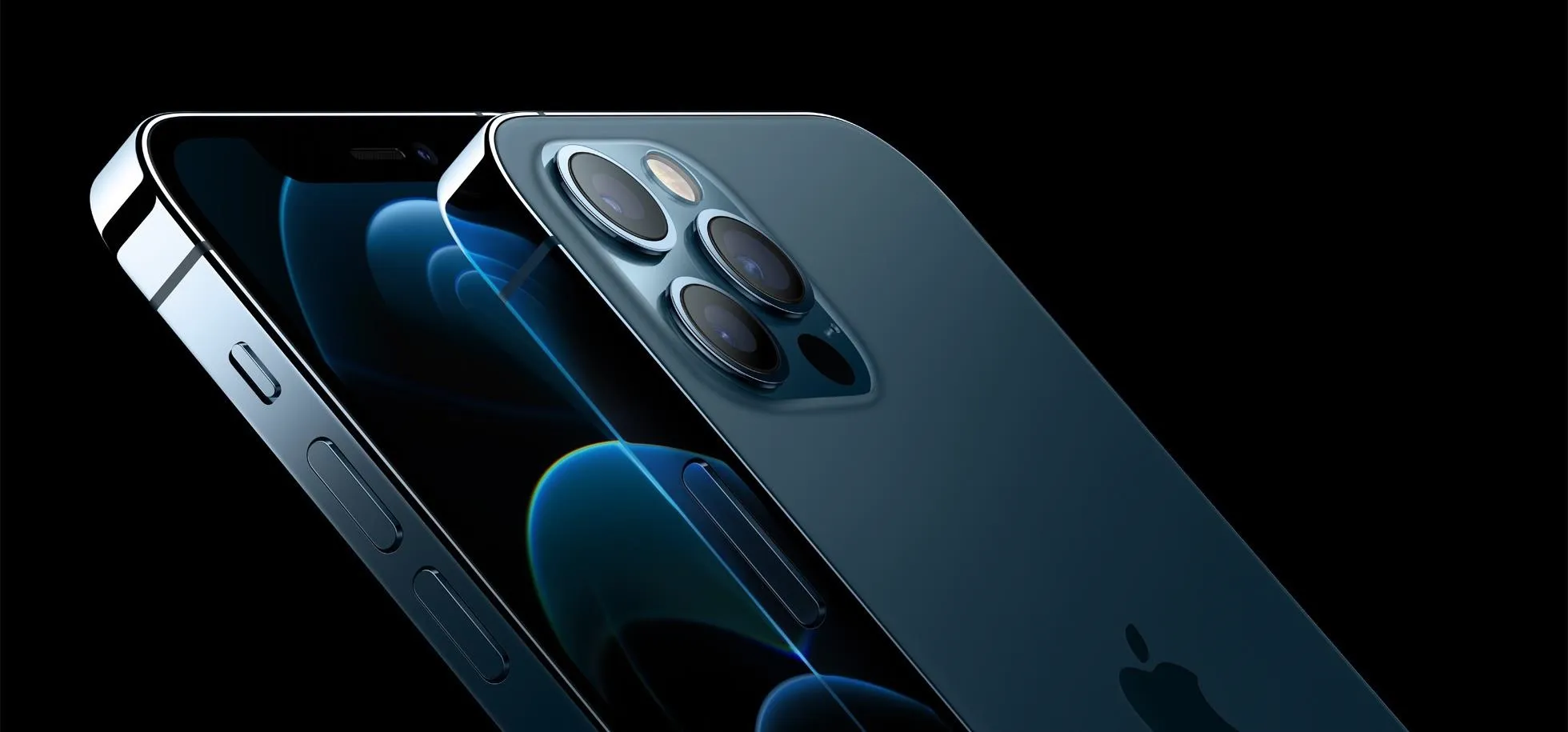 iPhone 12 Pro in blue color with a sleek design and three-camera system.