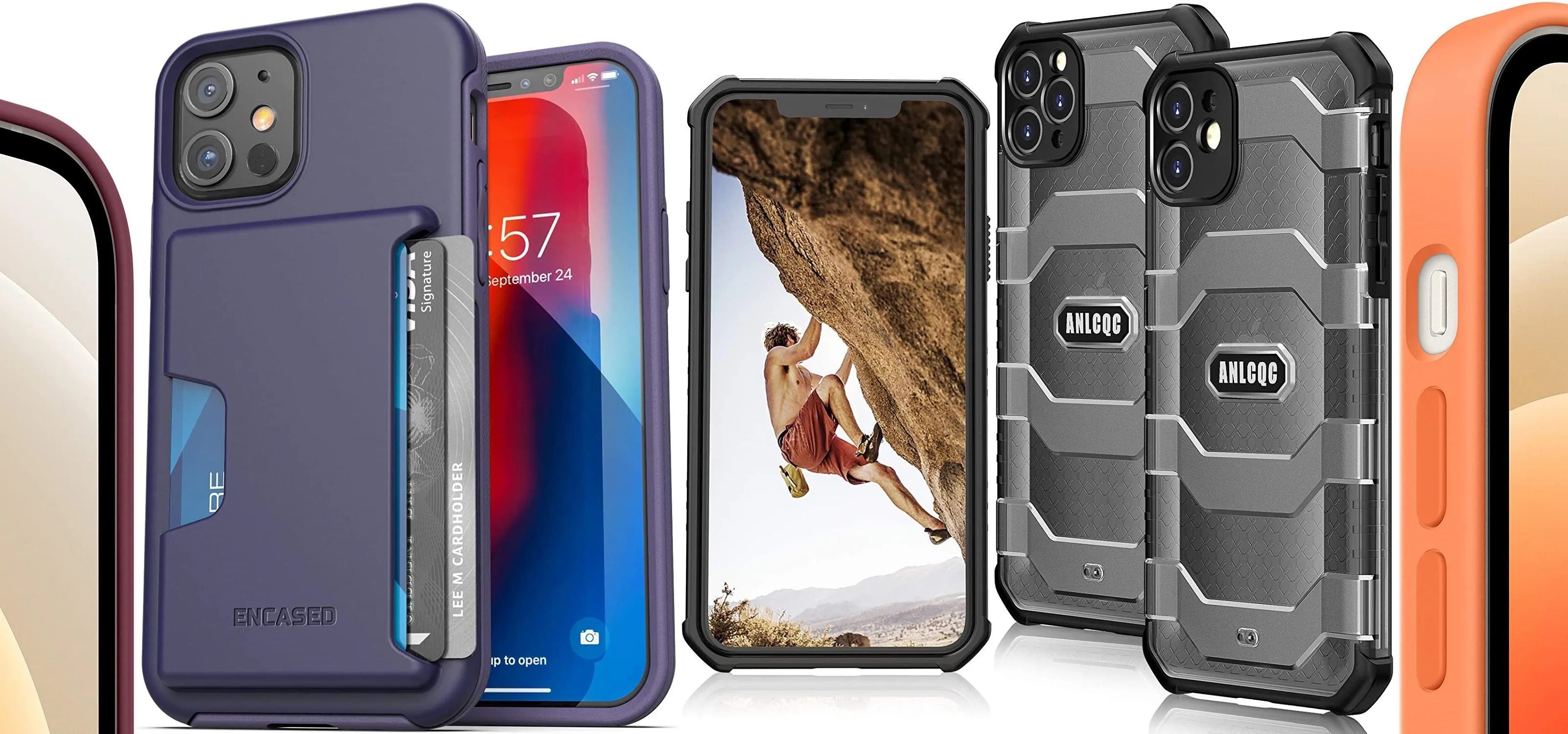 Smartphone cases displayed with a vibrant phone screen and climbing imagery.