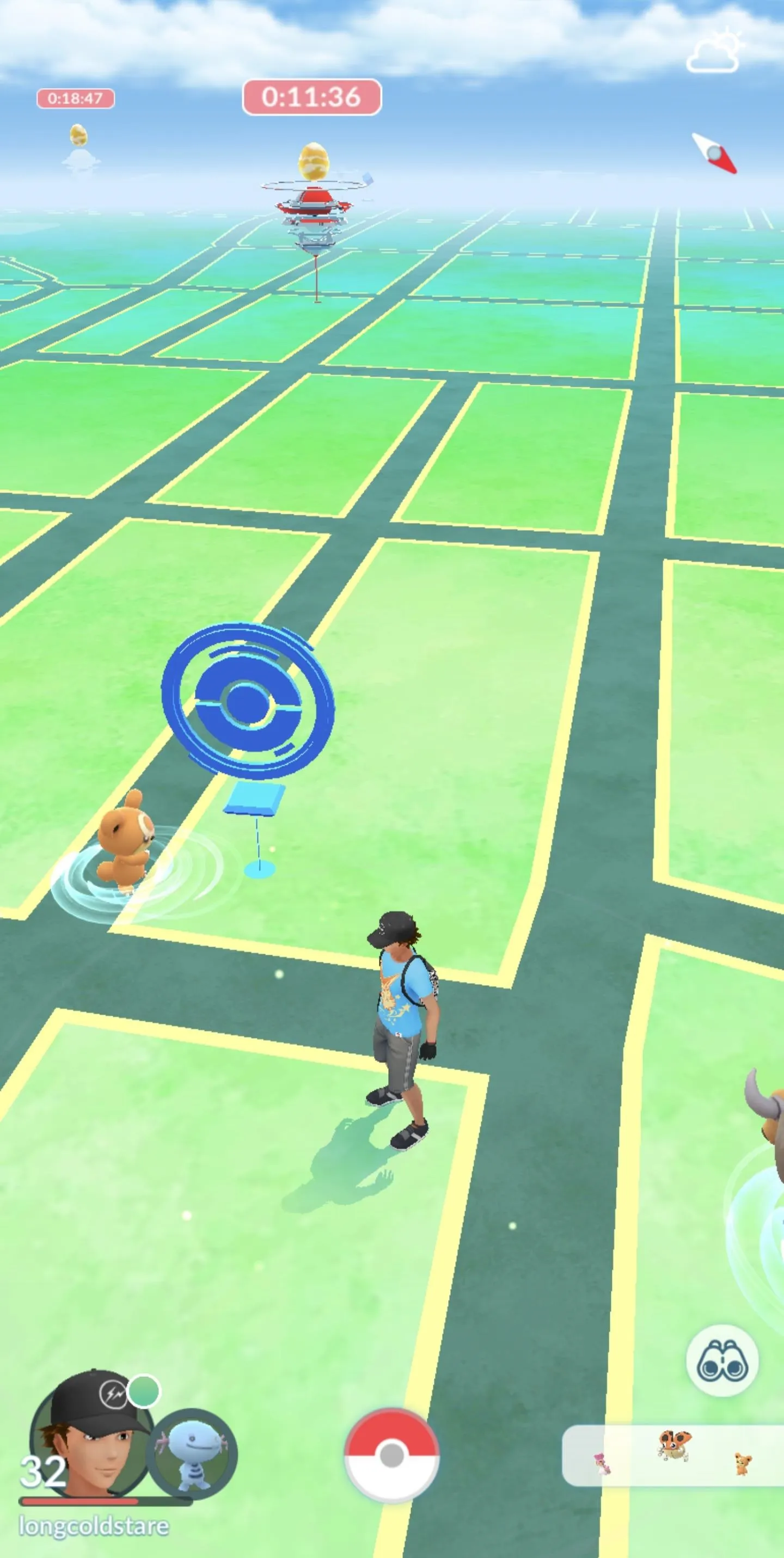 A player using a mobile app in a city landscape to interact with a virtual character.