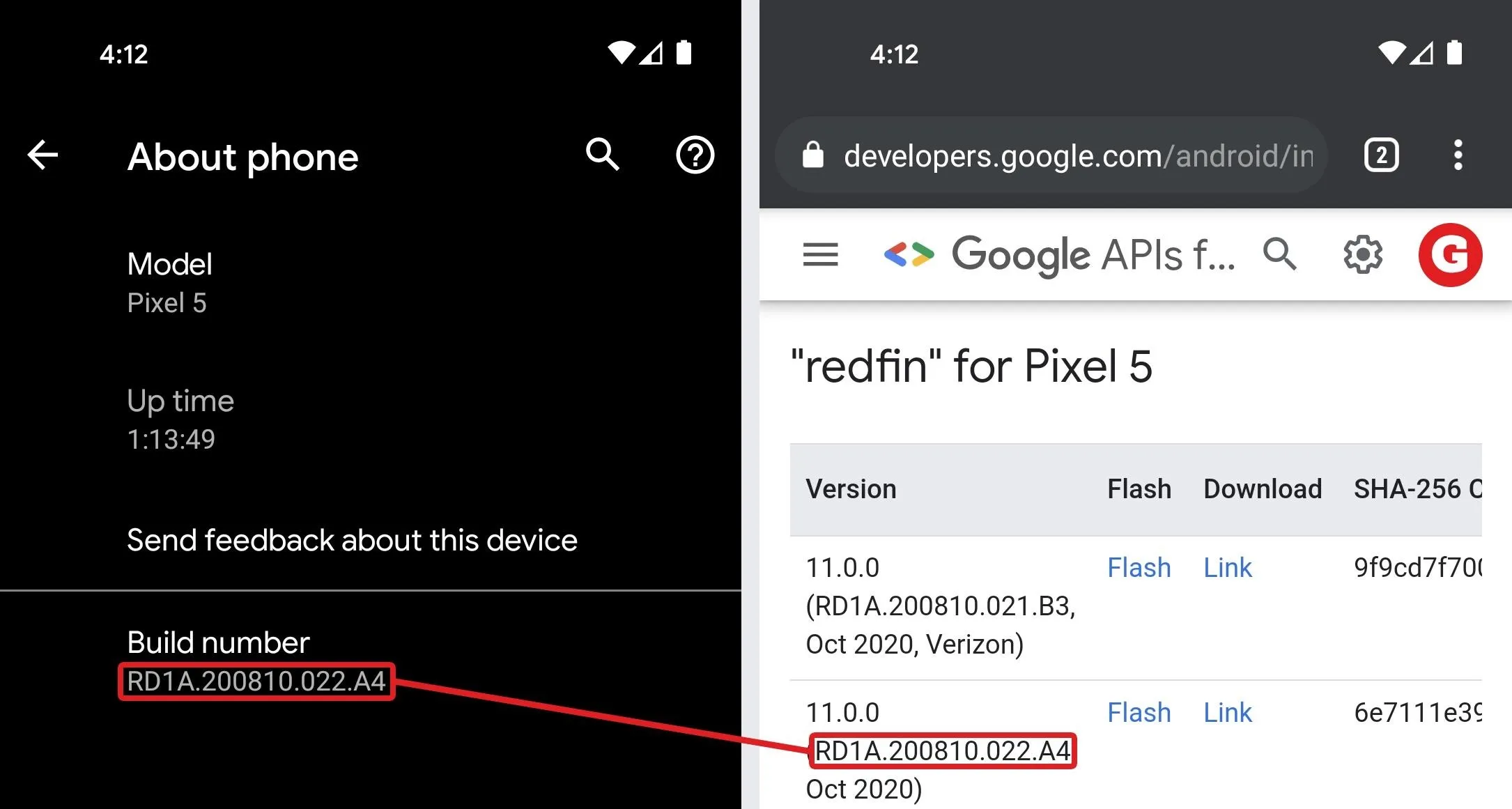 Pixel 5 smartphone about phone section displaying model and build number.