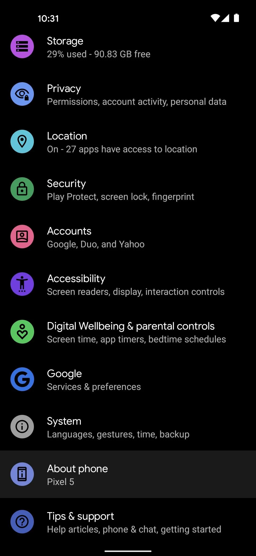 Mobile app settings menu options.